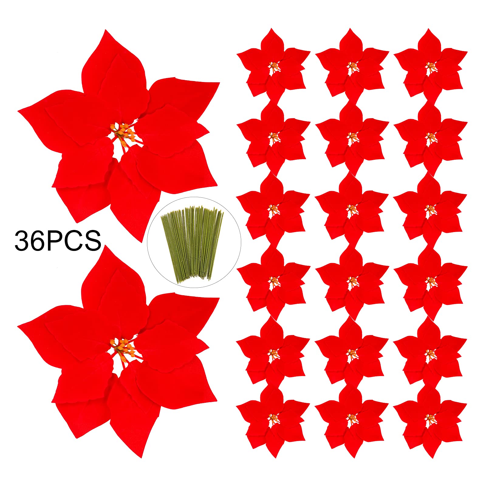 Luyue 36 Pcs Artificial Red Poinsettia Christmas Flowers Heads Fake ...