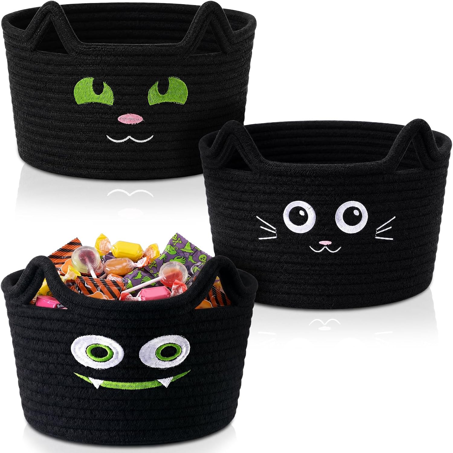 Yungyan 3 Pcs Cat Baskets Bin, Black Cat, 11.81 x 7.48 x 6.69 Inches | Cotton Rope Organizer for Laundry Towels, Trick or Treat Candy Bowls, Halloween Party Gift Basket, Animal Theme Decor