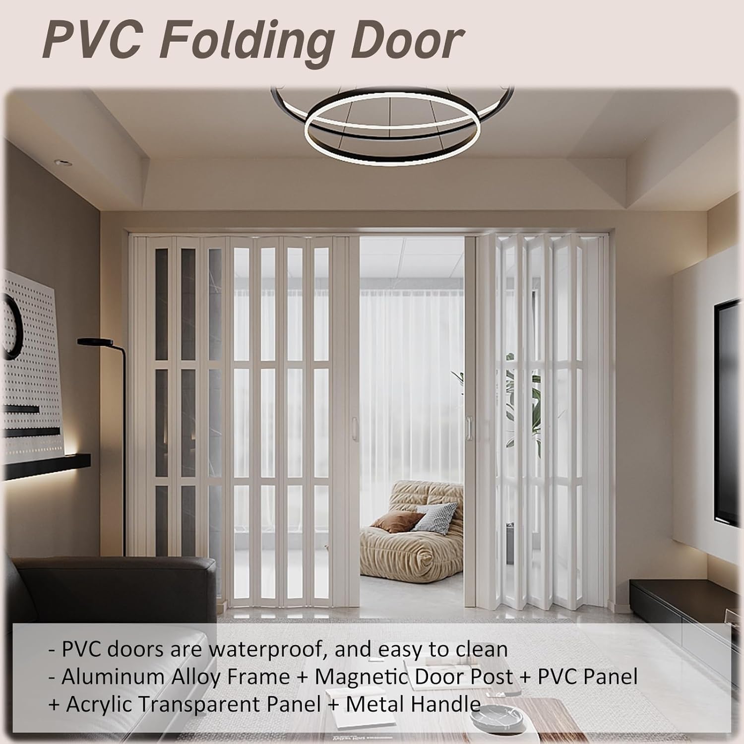 Sliding Folding Door Kit with Acrylic Panel, Folding Partition Door Aluminum Frame, Space-Saving Accordion Door Cut to Size for Kitchen/Hallway/Living Room(86x78in)