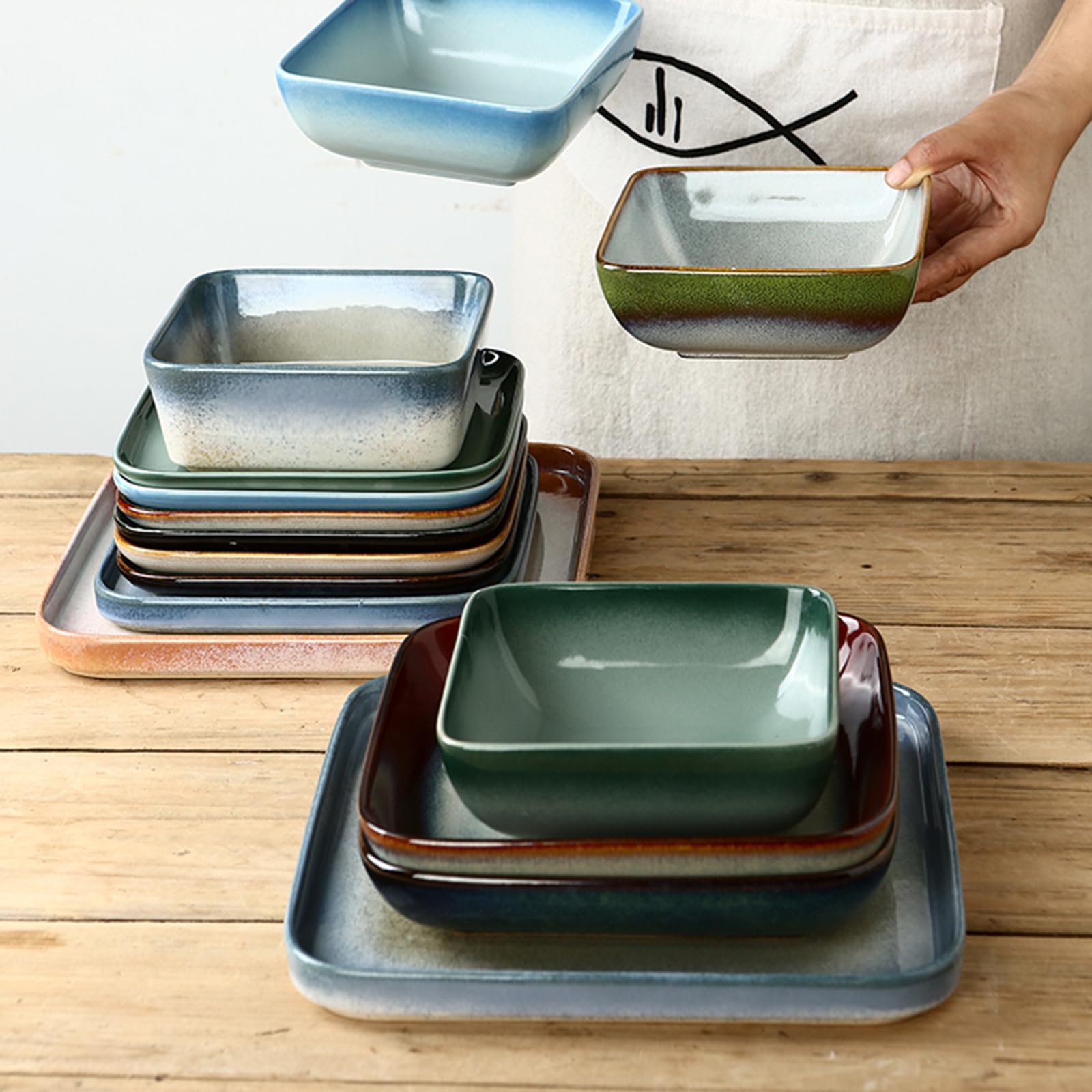 Set di 2 piatti quadrati in ceramica vintage da 21,6 cm, elegante design grigio sfumato, perfetti per pasta, zuppa, cena e colazione
