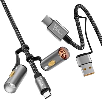 60W Fast Charging USB C Cable for iPhone 17 4 FT,6 in 1 USB C to Type C/A Braided Multi Charger Data Cord 480Mbps with Flashlight & Electric Lighter,for iPhone 16/iPad//MacBook,Outdoor/Travel