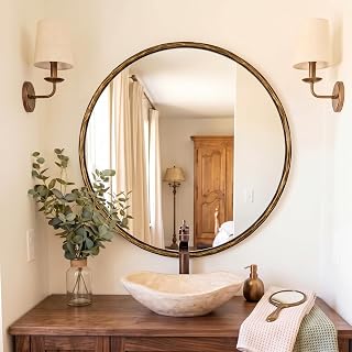 ANDY STAR Hand-Forged Round Gold Mirrors, 32 Inch Antique Brass Hammered Round Bathroom Mirror for Over Sink, for Vanity, Living Room, Vintage, Farmhouse, Rustic, Solid Steel Metal Frame