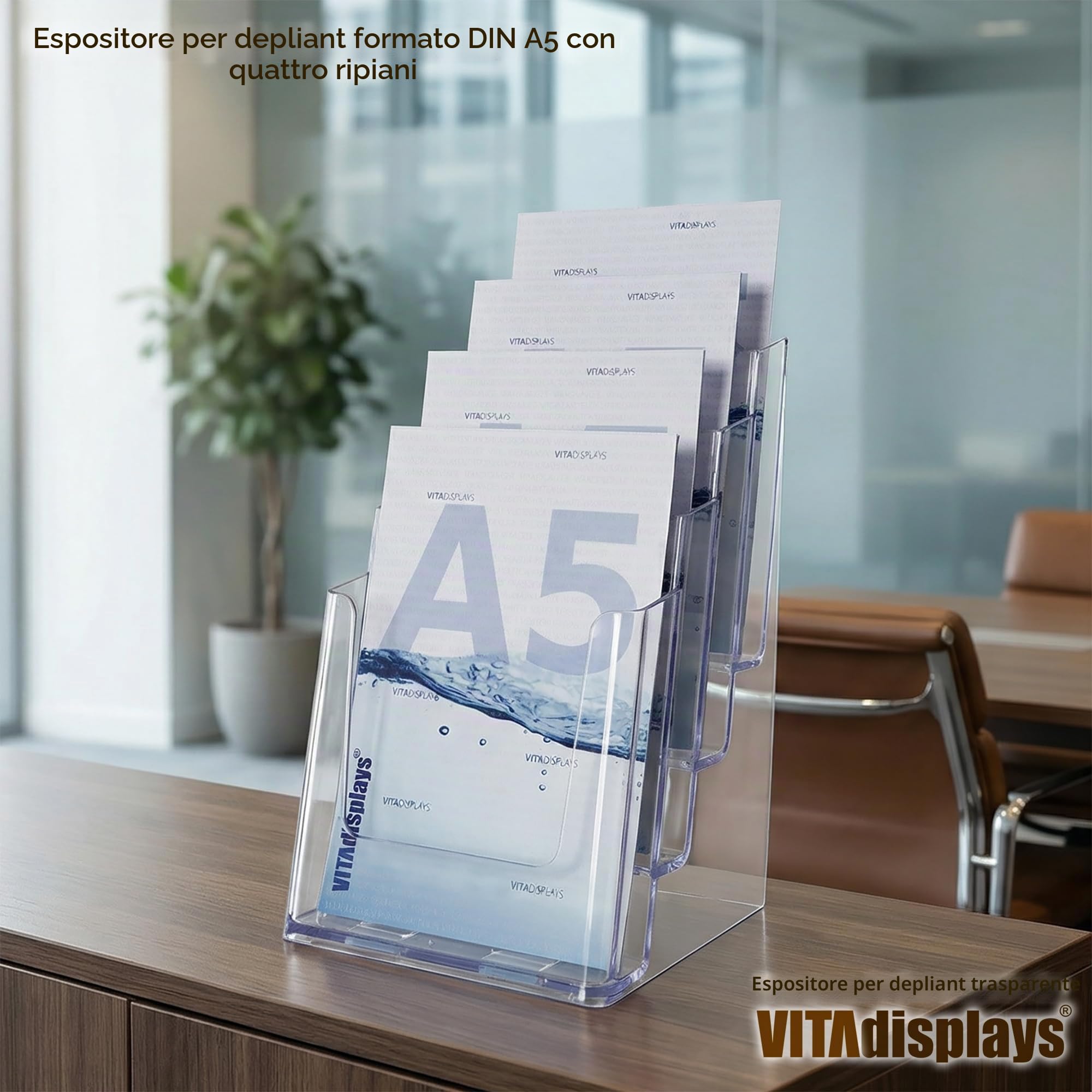 VITAdisplays® Espositore per brochure, formato DIN A5, con 4 ripiani, trasparente (NE-164)