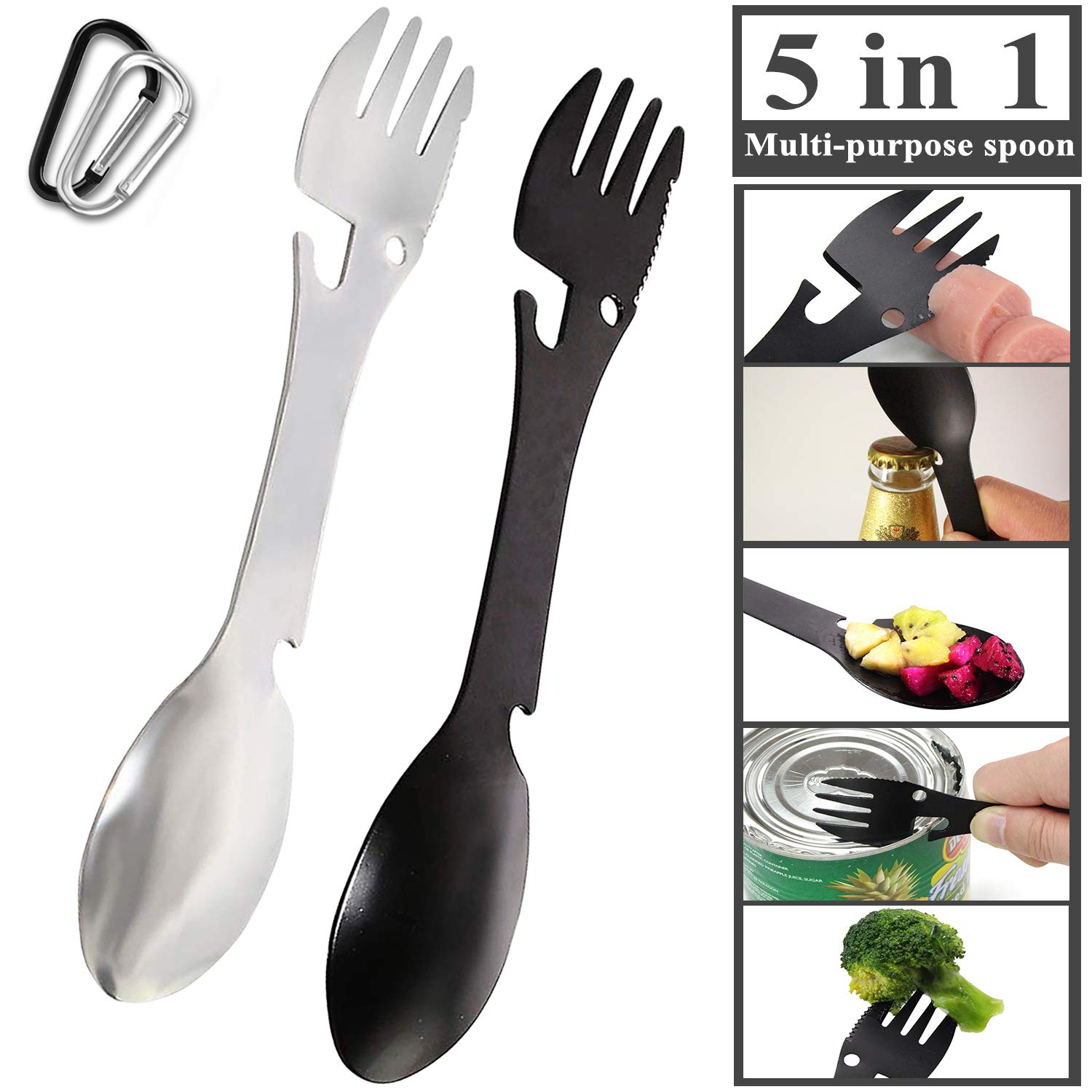 Camping Spoon Fork Bottle Opener Portable Open Can Multifunctional Tool with Carabiner, 5 in 1 Stainless Steel Titanium Spork Outdoor Camping Picnic Hiking Fishing and BBQ Cutlery(2pcs)