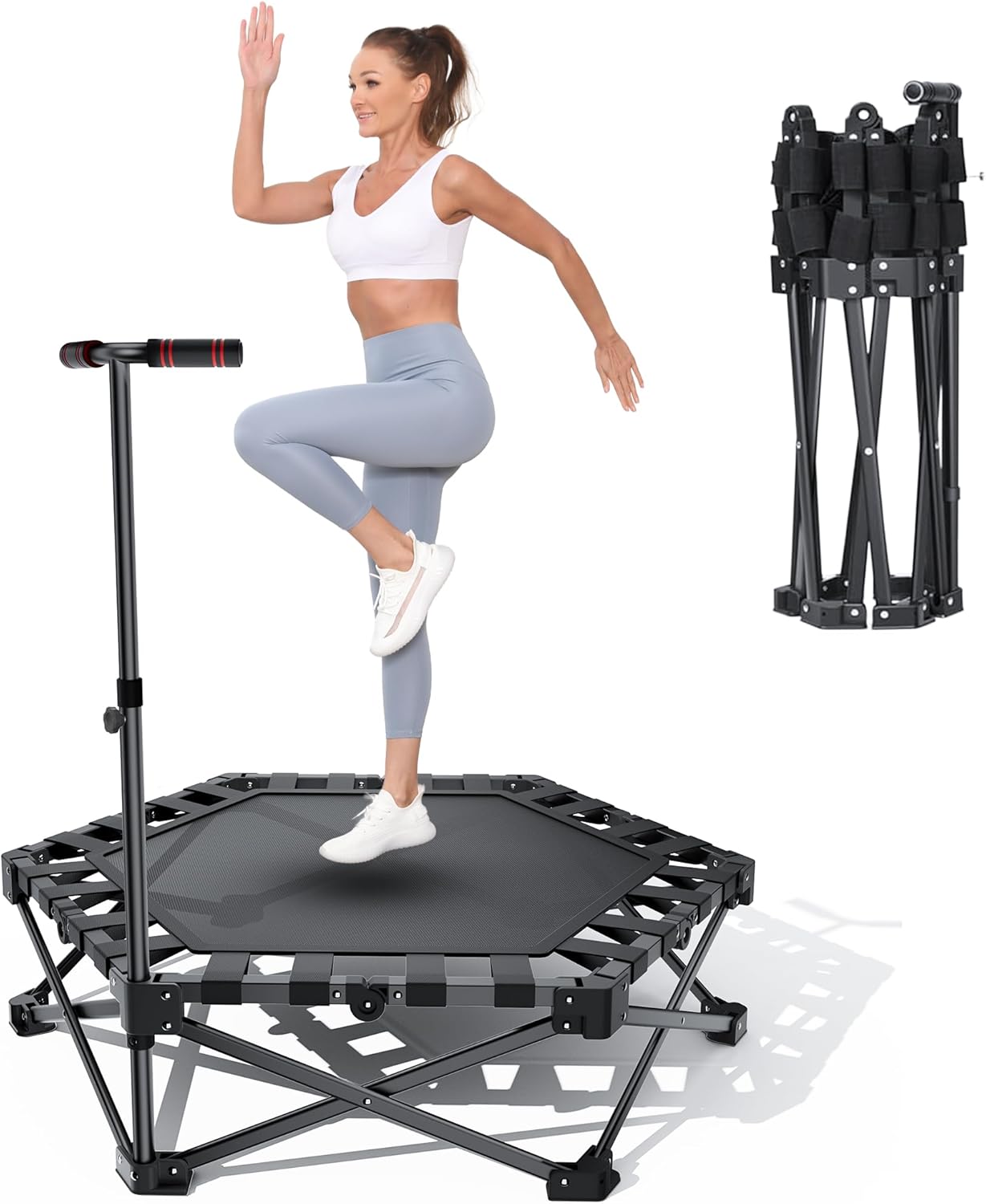 Mini Fitness Trampoline with Adjustable Handle Bar, Black, Indoor Exercise Rebounder for Kids, Foldable Frame