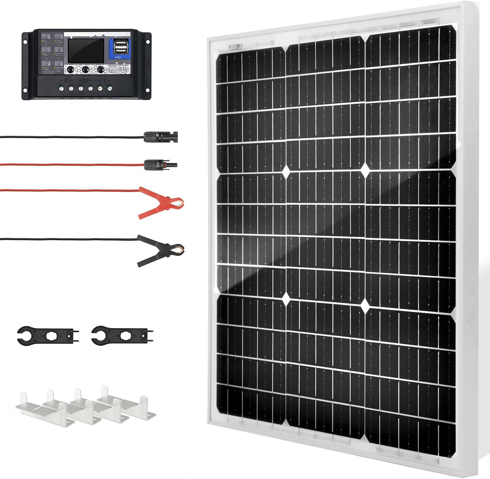 SUNSUL50 Watt 12 Volt Monocrystalline Solar Panel Kit, with 30A 12V/24V PWM Charge Controller for Outdoor RV Boat Trailer Camper Marine Off-Grid Home (50 Watt with Accessories)