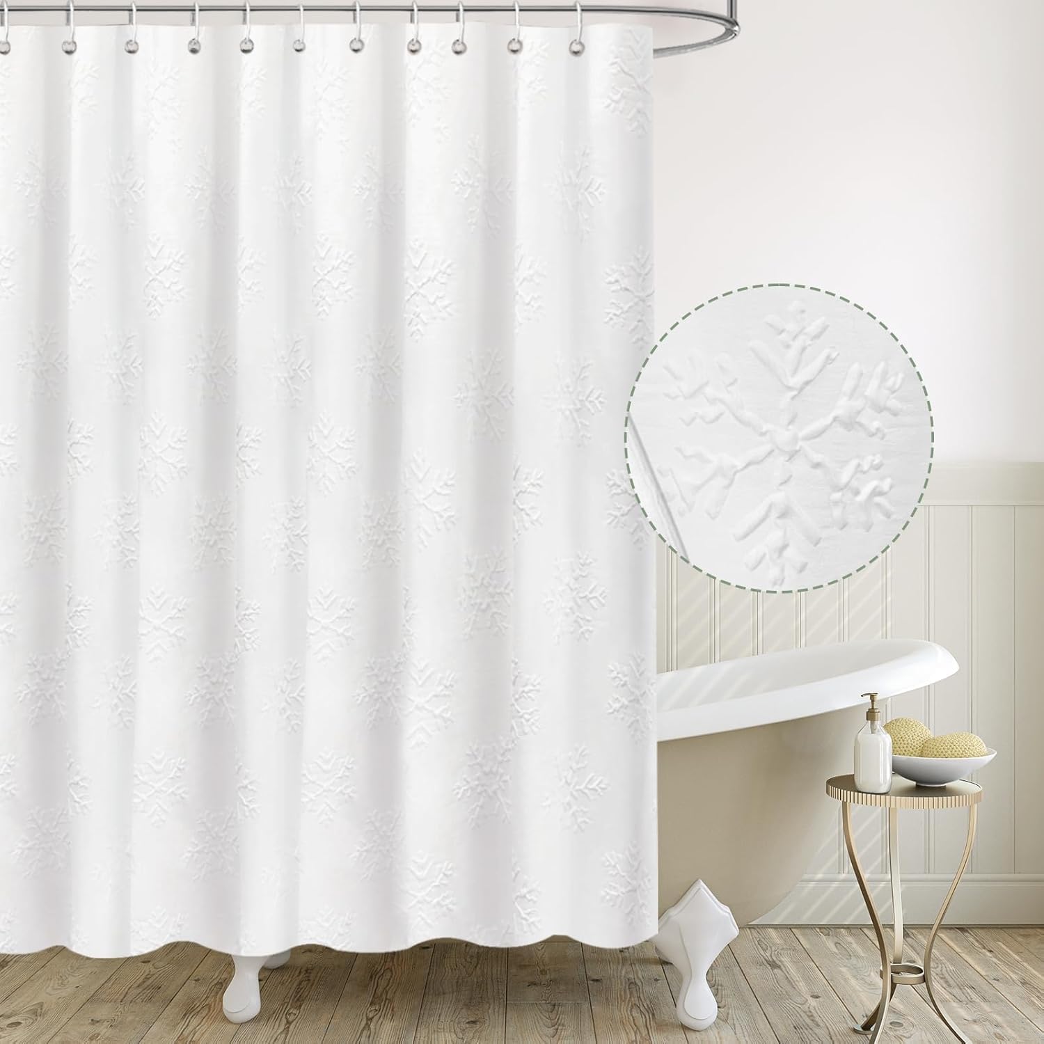 AIBIIN Cortina de ducha con diseño de copo de nieve blanca en relieve 3D con textura de espiga, moderna decoración de baño de granja, cortina de baño suave de Navidad con 12 ganchos, 180 x 180 cm