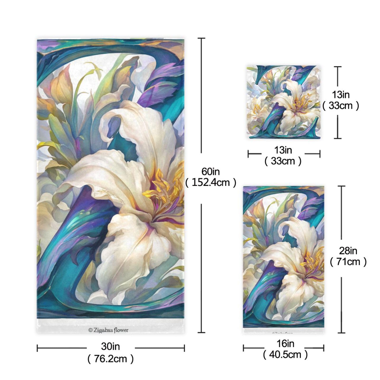 Floralmorphic - Set di 3 asciugamani per la pulizia del viso, con lettera Z, fiori di giglio bianco, 1 asciugamano da bagno, 1 asciugamano per mani, 1 panno per la pulizia del viso e del corpo