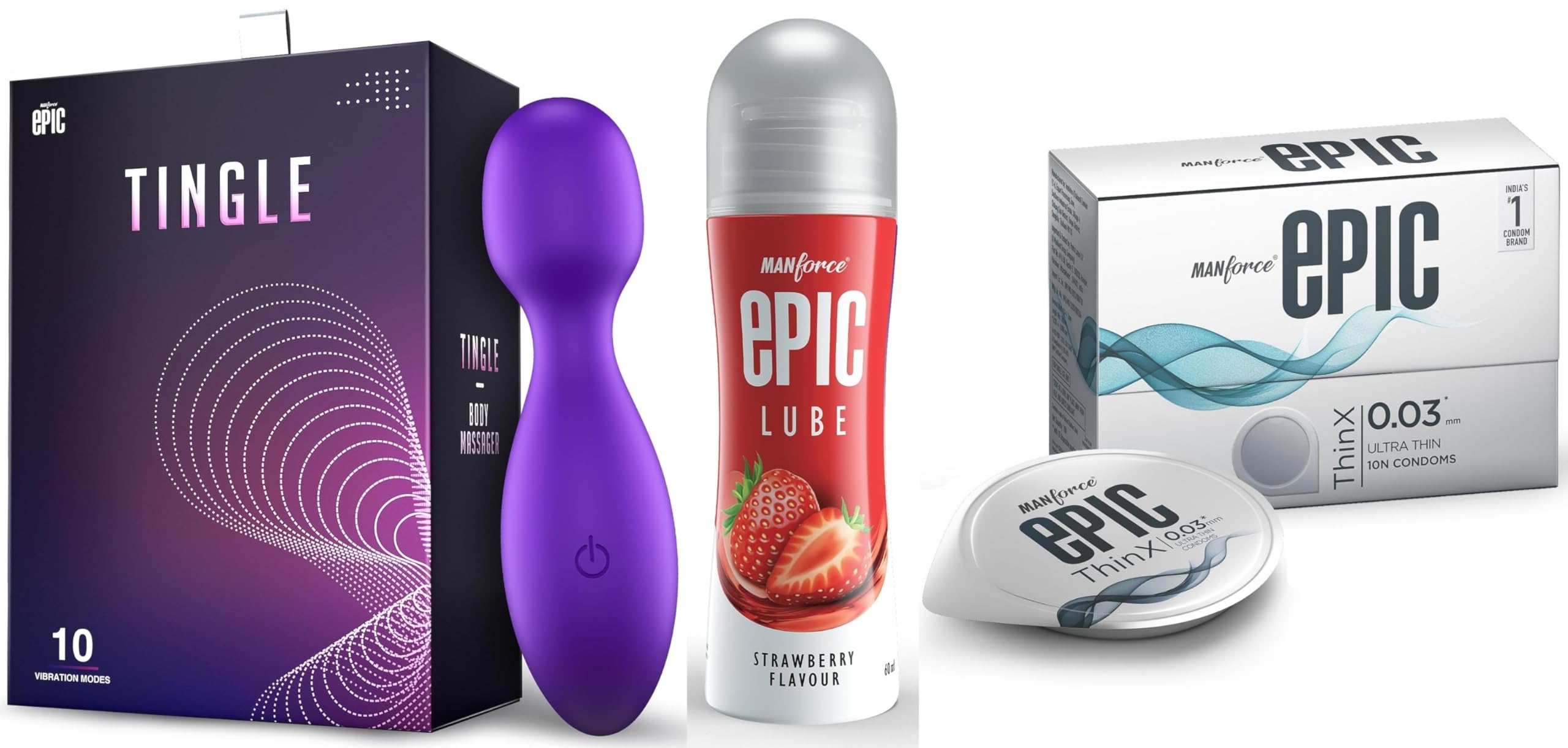 Manforce Epic Tingle Massager | 10 Vibration Modes,Epic Lube | Strawberry | 60ml | Water-based & Epic ThinX | Ultra Thin Condoms with Easy Peel Pack | 10 Pcs-image-33