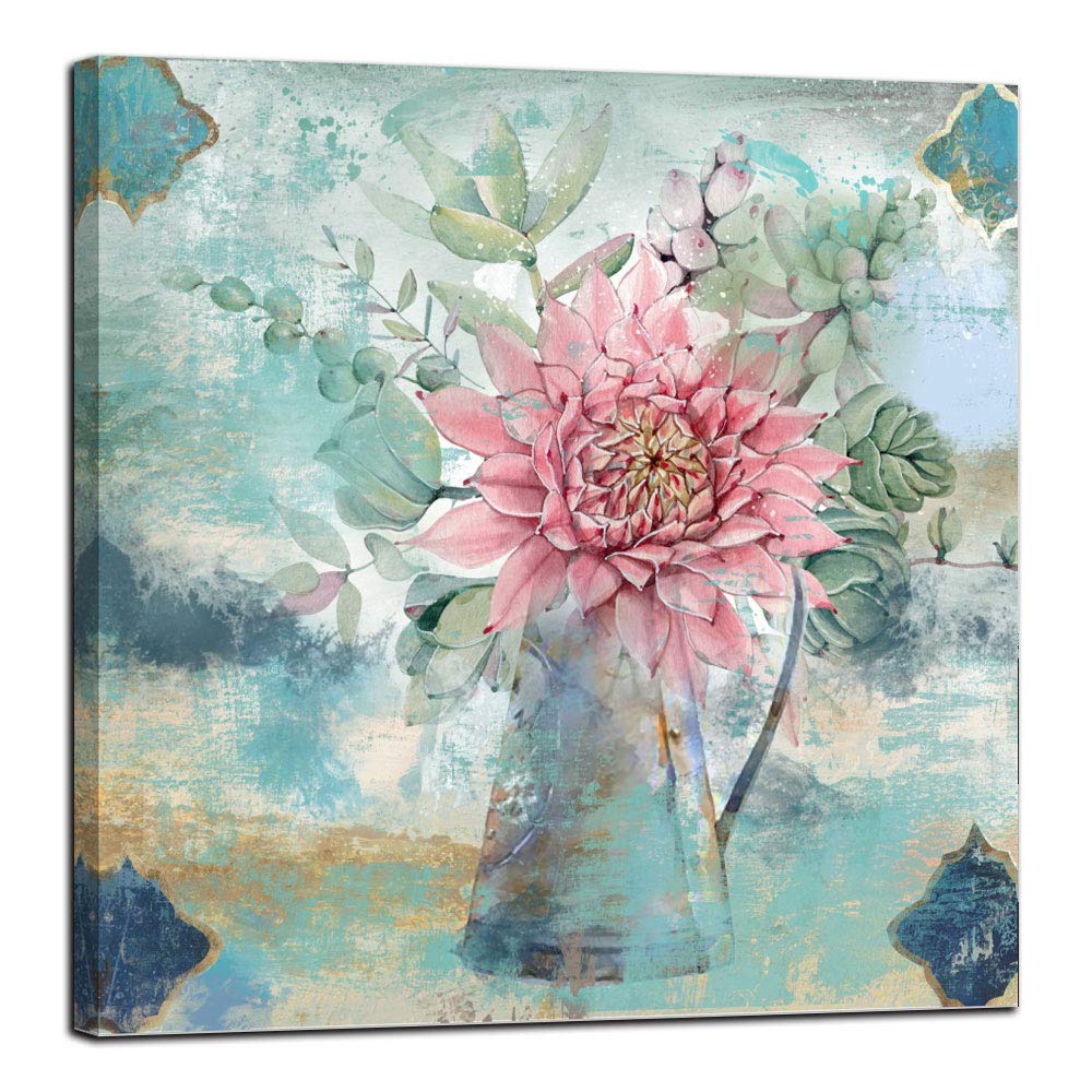Anolyfi Bathroom Decor Cactus Plants Painting Succulents Flower Canvas Wall Art Teal Pink Picture Framed Vintage Artwork for Bedroom Living Room Kitchen Dinning Room Office Home Decor Small 20"X20"