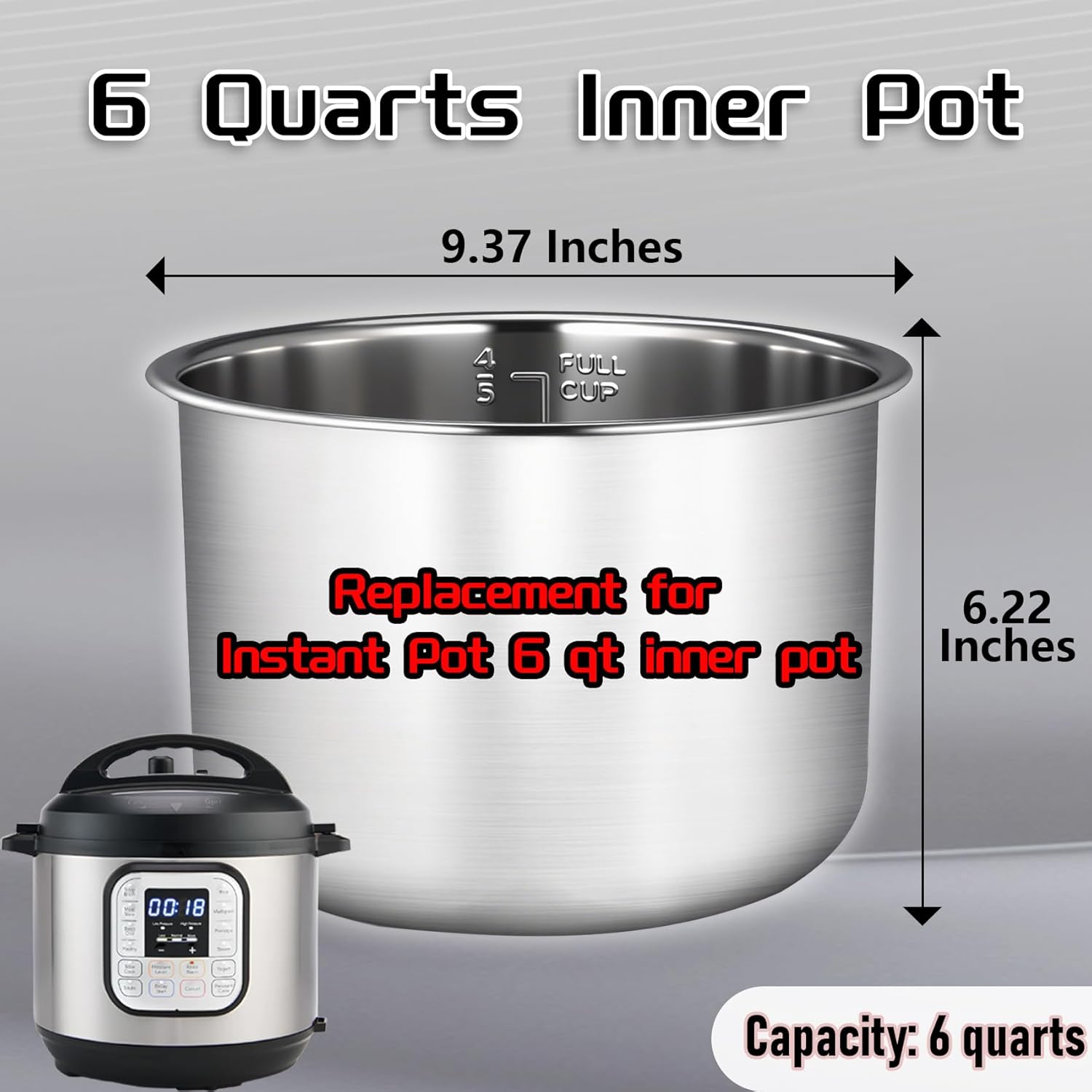 Upgraded Stainless Steel Inner Pot for Instant Pot 6 QT, Replacement Pot for Instant Pot 6 Quart, 304[18/8] stainless steel thickened design, 0 Coating, Non-Toxic (No Teflon). 3 Year Warranty. 6QT stainless steel inner pot