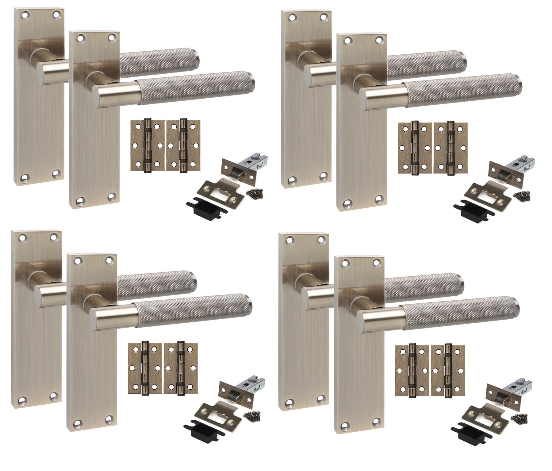 Golden Grace Antique Brass 4 Pair Victorian T-Bar Knurled Internal Door Handle Sets 150 X 40Mm With 2.5" Latch & Hinges