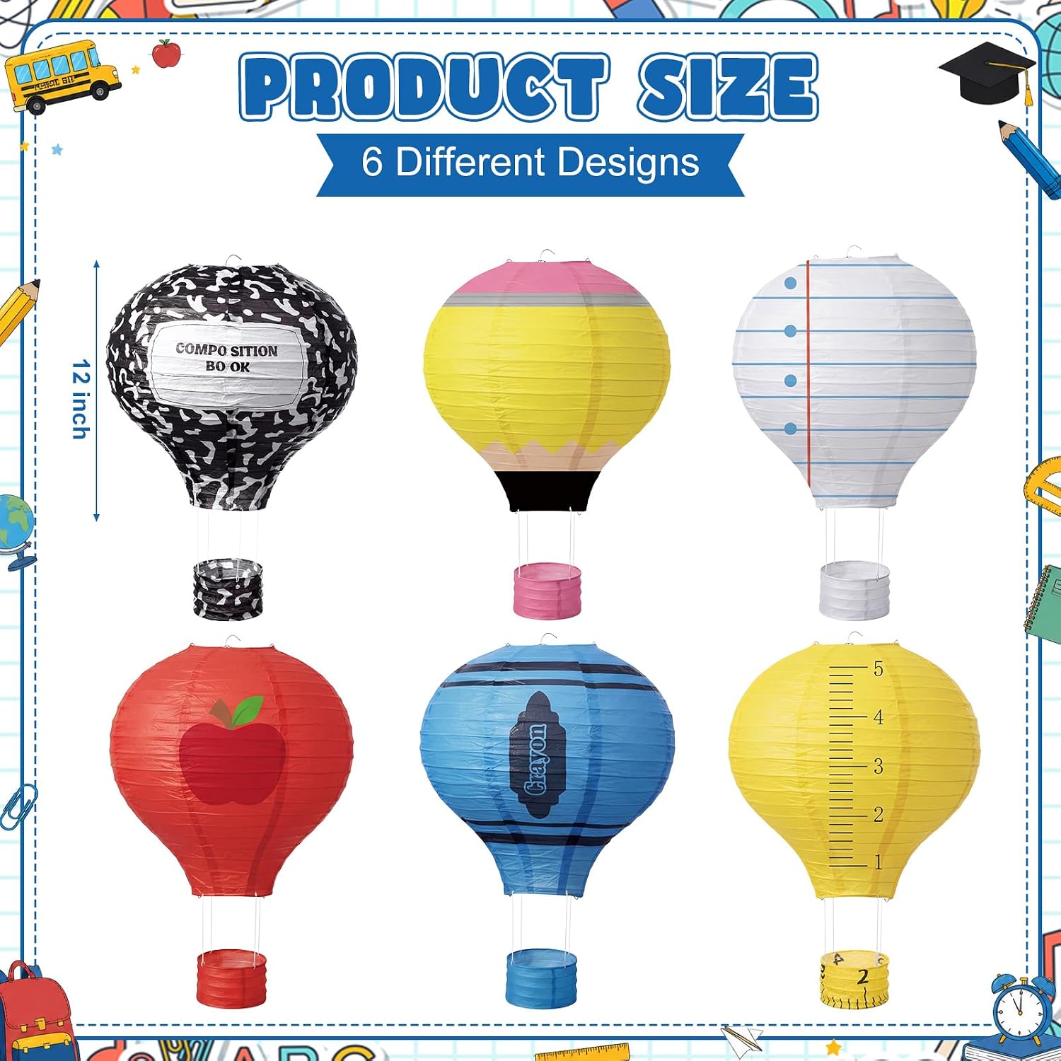 Glooglitter 6 Pcs Hot Air Balloon Classroom Decoration from Ceiling | Back to School Hanging Decorations Composition 12 Inch Notebook Theme Paper Lanterns for Teacher Back to School Party Decor