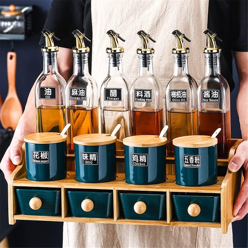 Olive Oil Spice Jars Salt and Pepper Shakers Set Sauce Bottle Dispenser Seasoning Organizer Rack (A 1 Set) (A 1 Set)