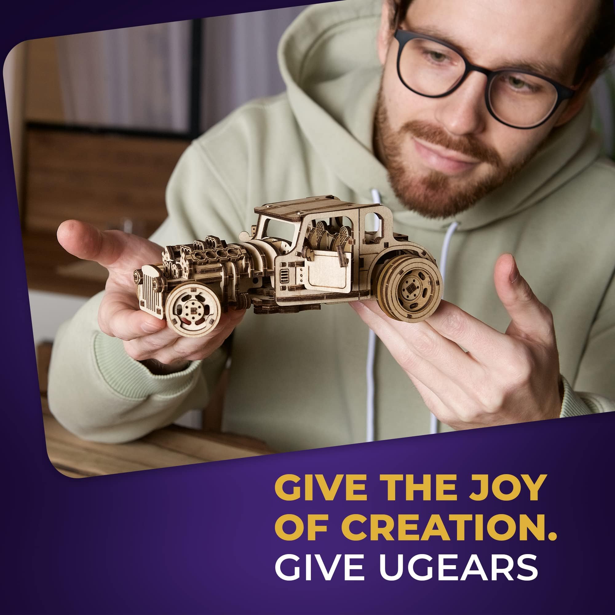 UGEARS 3D Car Model Puzzle - Hot Rod Furious Mouse with Innovative Dual Engines - 3D Wooden Puzzles for Adults and All Family- Realistic Scaling Hot Rod Model Car Kits to Build - 3D Puzzle Model Kits