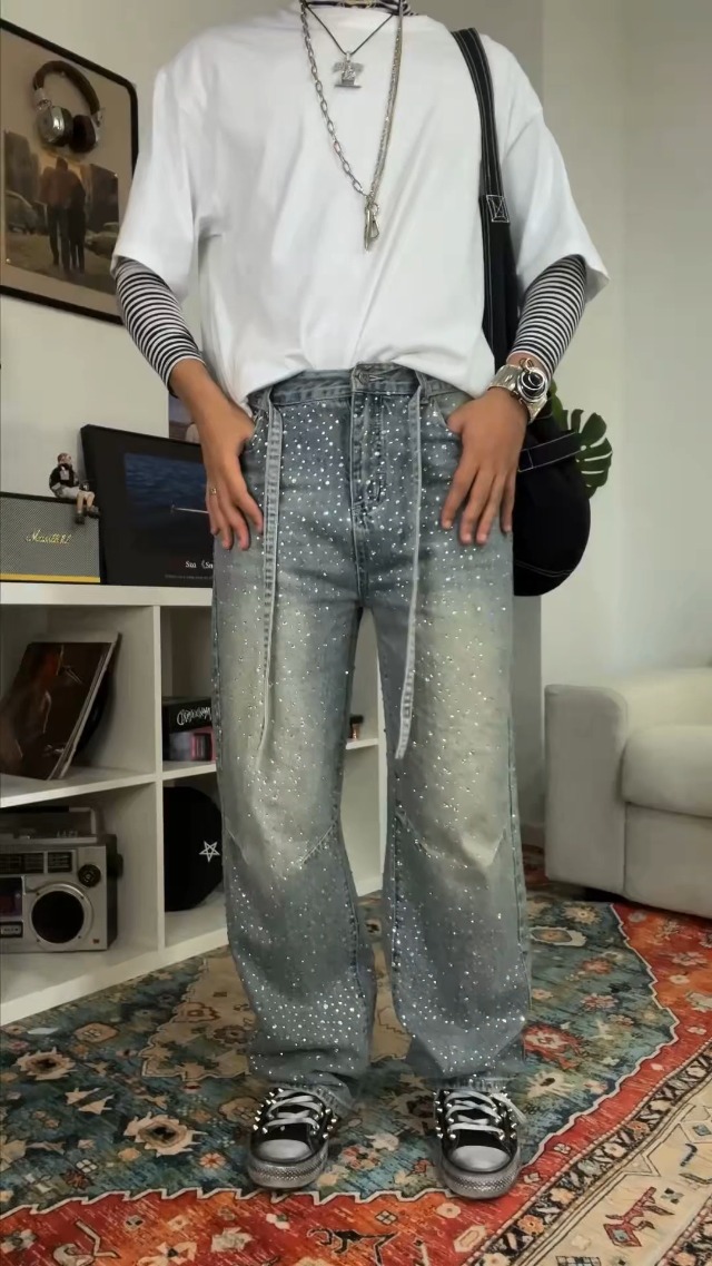 Amazon.com: Aelfric Eden Womens Rhinestone Jeans Y2K Wide Leg