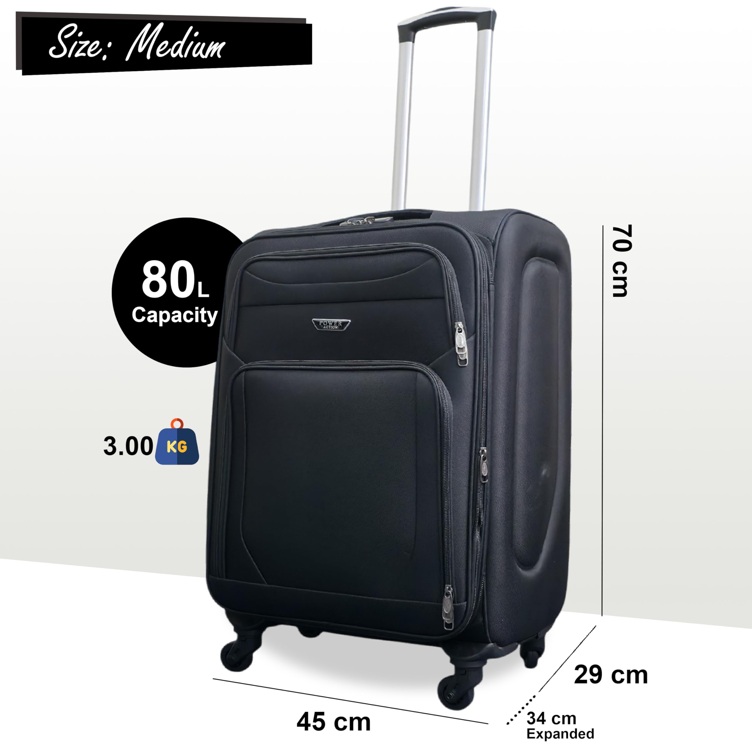 Infinity Leather Zestawy bagażowe rozszerzalne Soft Shell Lekkie walizki na kółkach z nylonu do podróży, walizka kabinowa, walizki na wakacje, Czarny, 24" Medium, Walizka