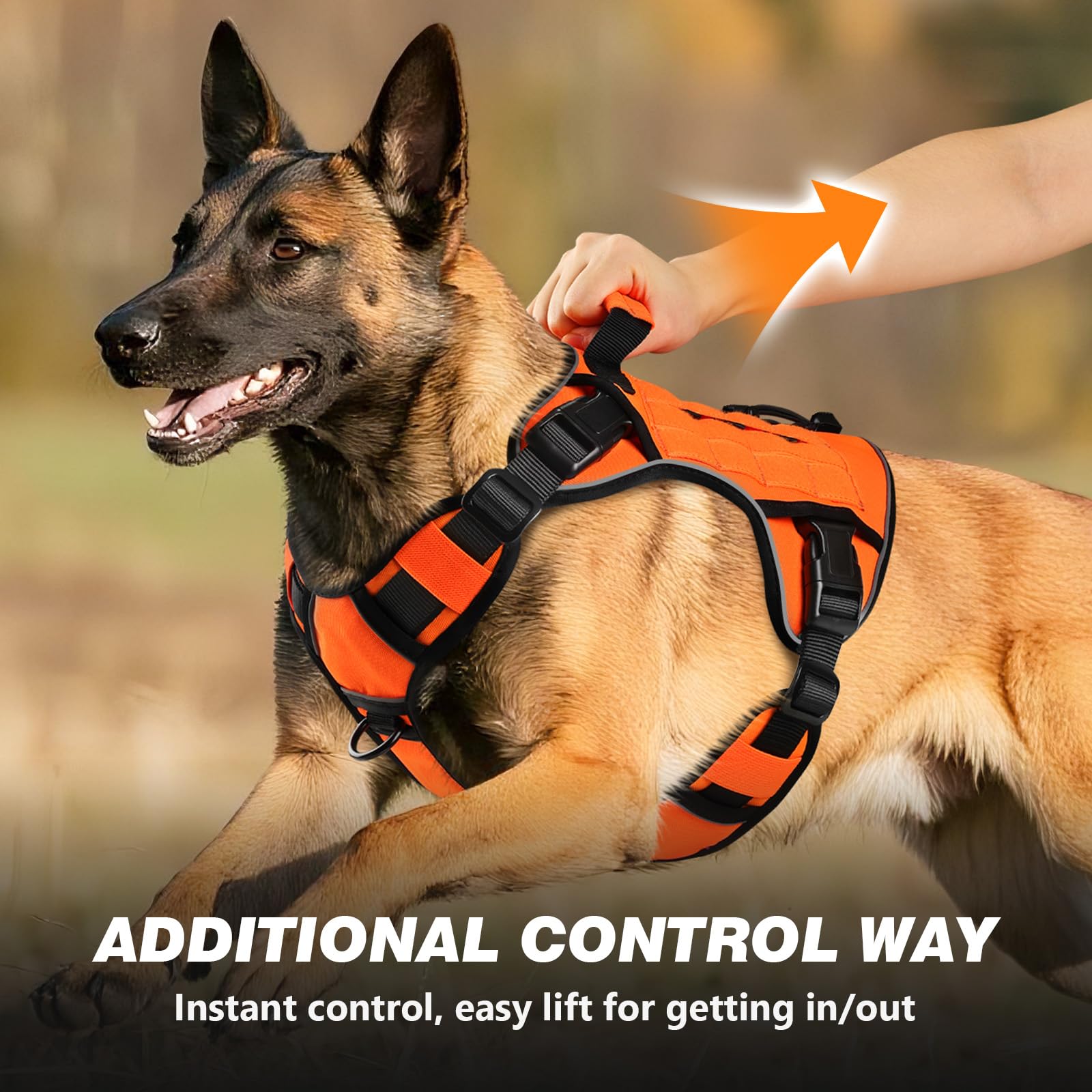 WINGOIN Arnés táctico naranja para perros pequeños, sin tirones, ajustable, reflectante, K9, arnés militar para perros con asa para caminar, senderismo, entrenamiento (XL)