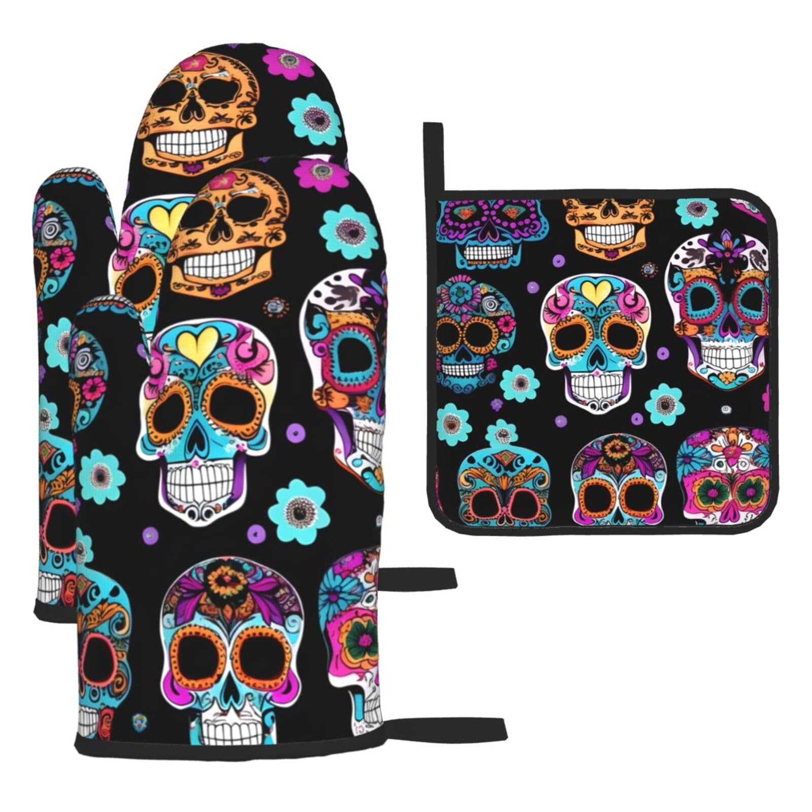 Yyoretp Black Sugar Skull Print Oven Mitts And Potholders Bbq Gloves-Oven Mitts And Pot Holders For Cooking Baking