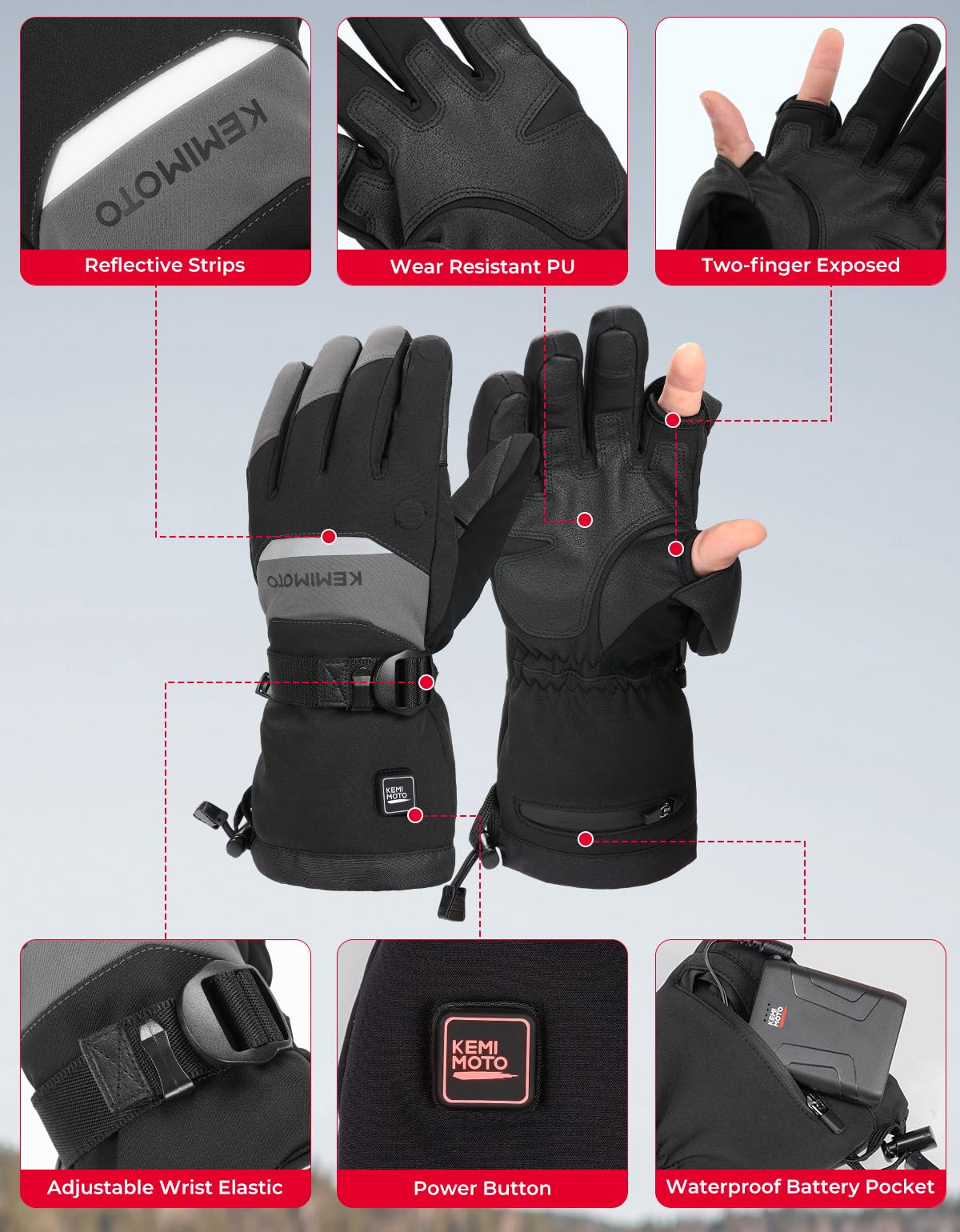 KEMIMOTO Gants Chauffants, Gants Thermiques Batterie 7,4 V, 2500 mAh, pour la Neige, la Pêche sur Glace et Les Activités de Plein Air Hivernales