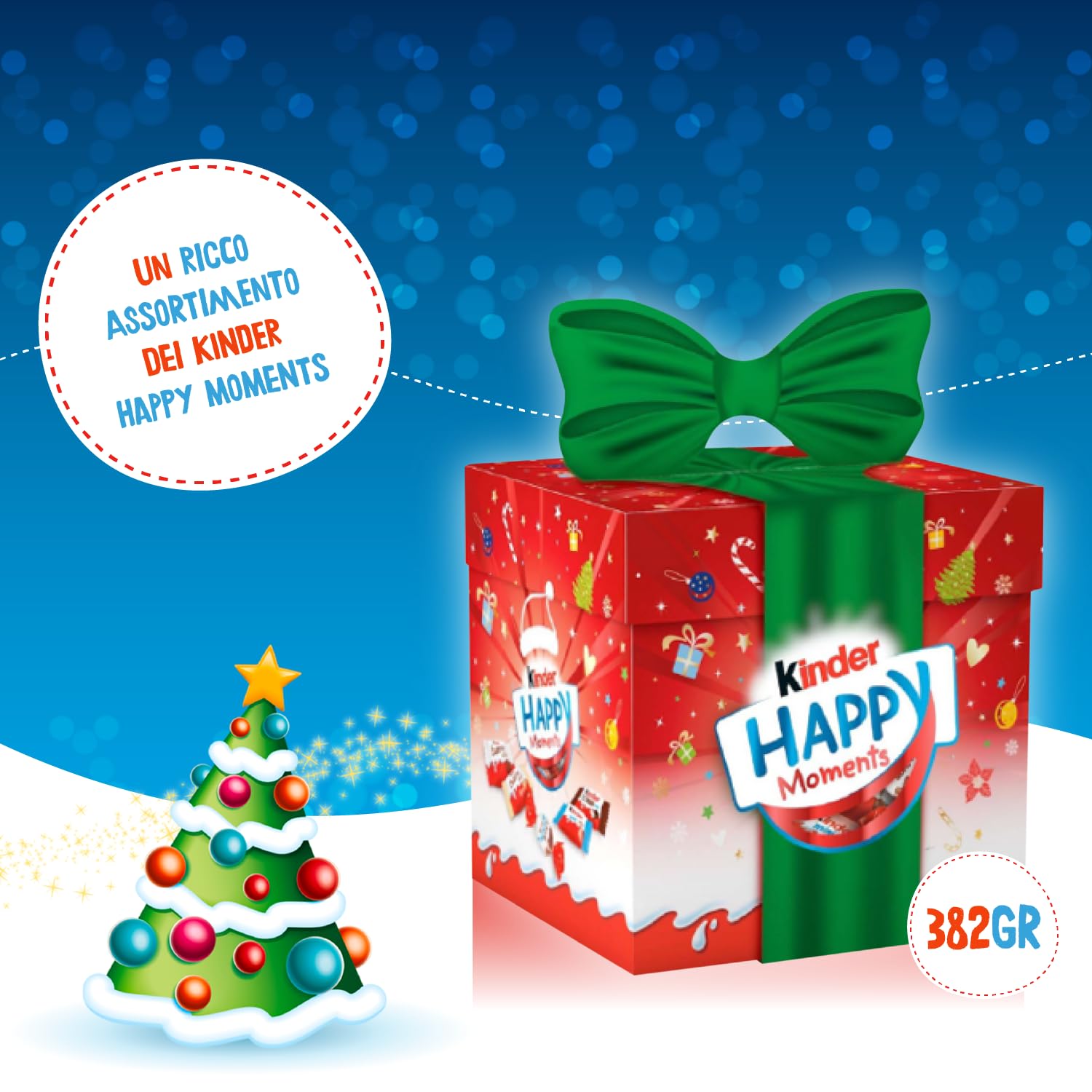 Kinder Happy Moments Pacco Regalo - 66 Cioccolatini Assortiti Kinder, Mix di Snack Dolci in Formato Mini, Idea Regalo Natale, Confezione Natalizia da 382 gr