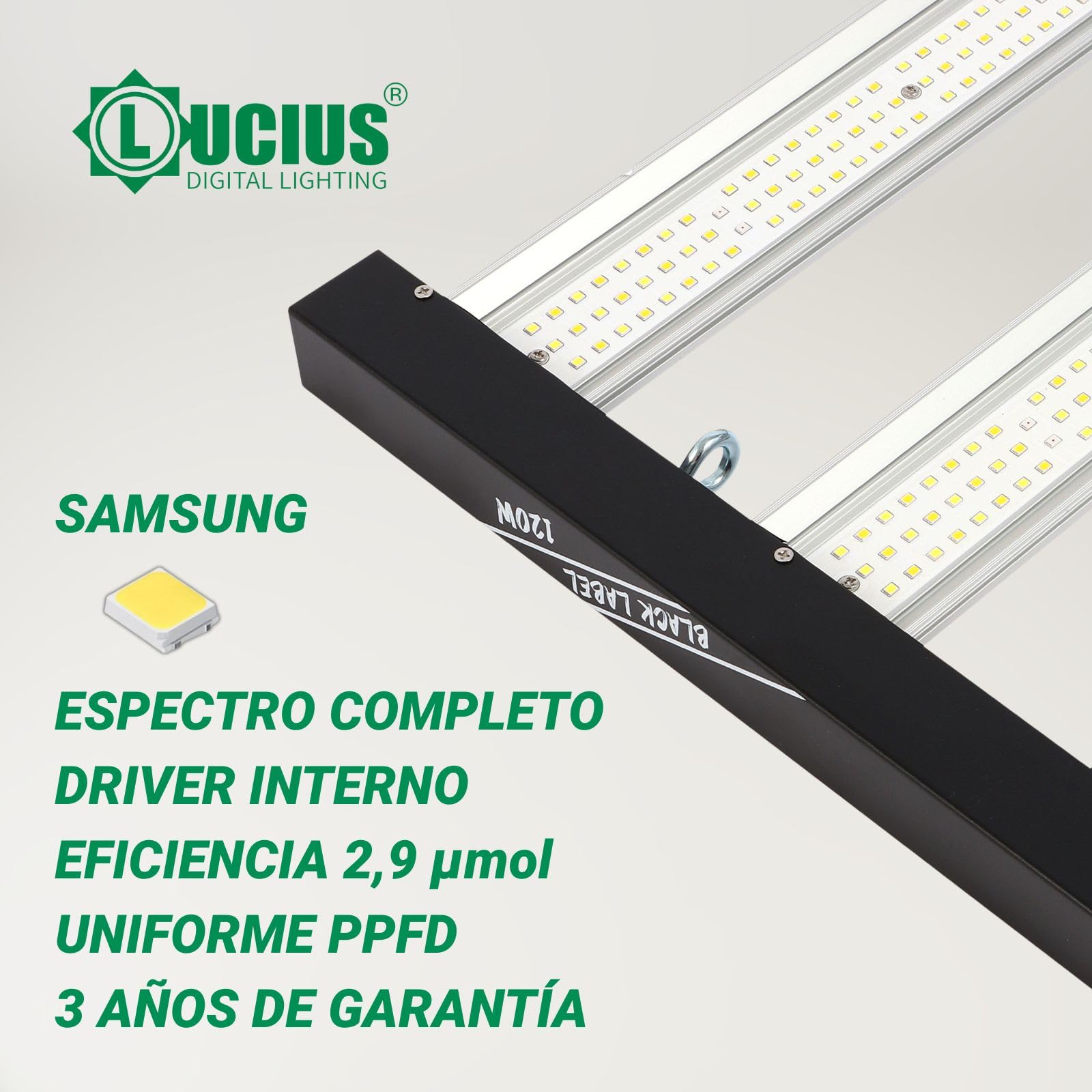 LED 120W Black Label - Luz para plantas de espectro completo – 2.9 µmol/J, Potencia Regulable, Iluminación Profesional para Cultivo Interior