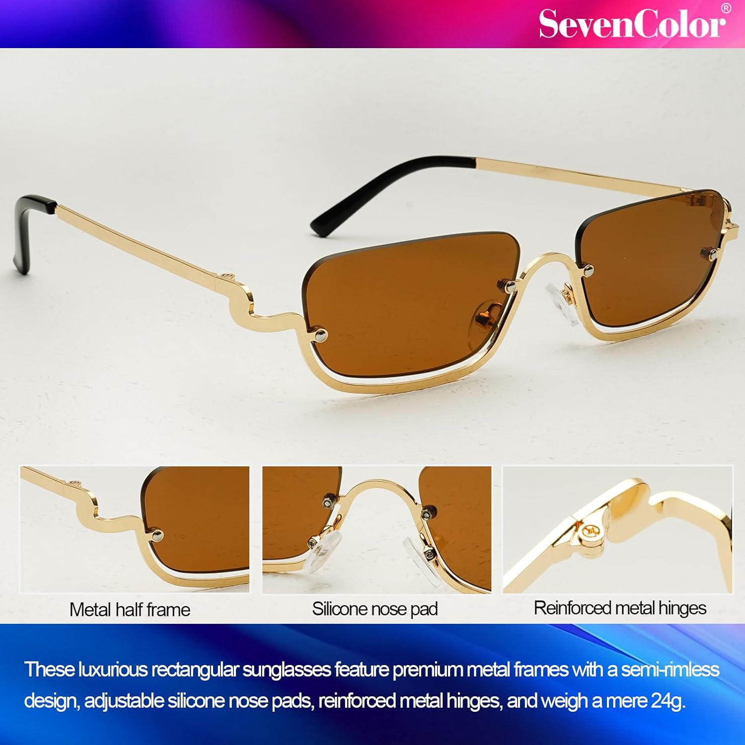 Retro Rectangle Sunglasses for Women Men Trendy Semi-Rimless Y2k Tinted Sun Glasses Narrow Square Shades - Image 5