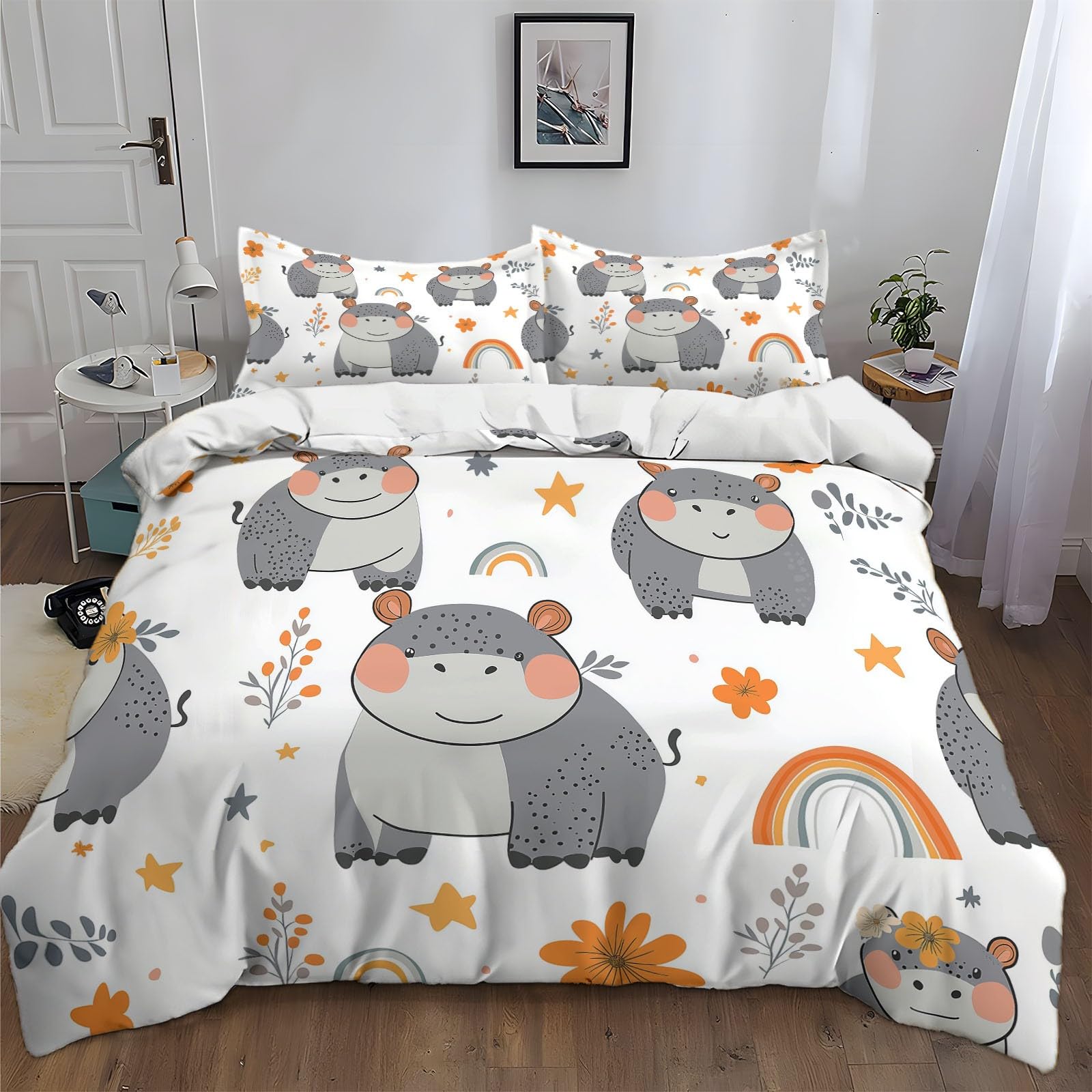 Duvet Cover King Size Cartoon Hippopotamus Flowers Reversible 3 Pieces Duvet Cover Set, Bedding Set for All Season, Soft and Breathable Bedding Set with Zipper Closure