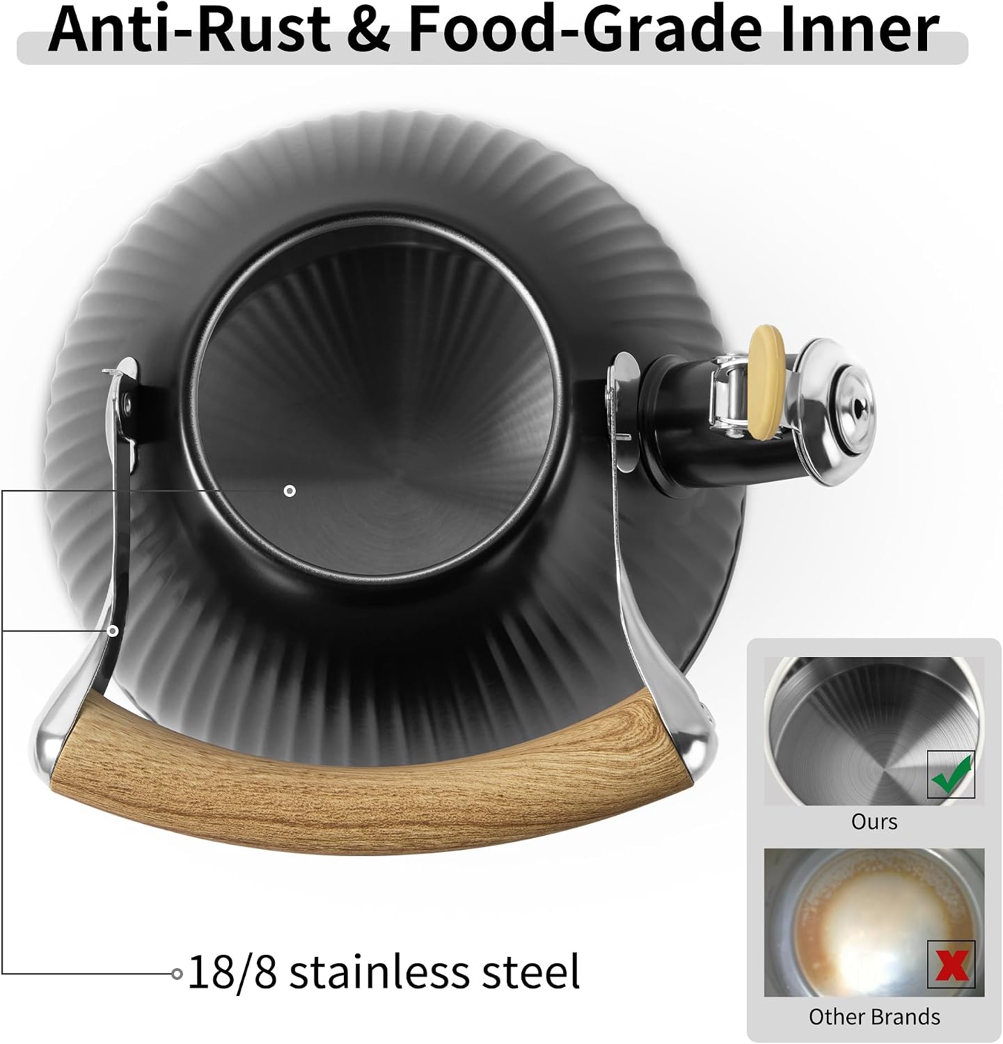 LONFFERY Tea Kettle for Stove Top, 2.5 Quart Whistling Tea Kettle, Stainless Steel and Wood Pattern Folding Handle, Black