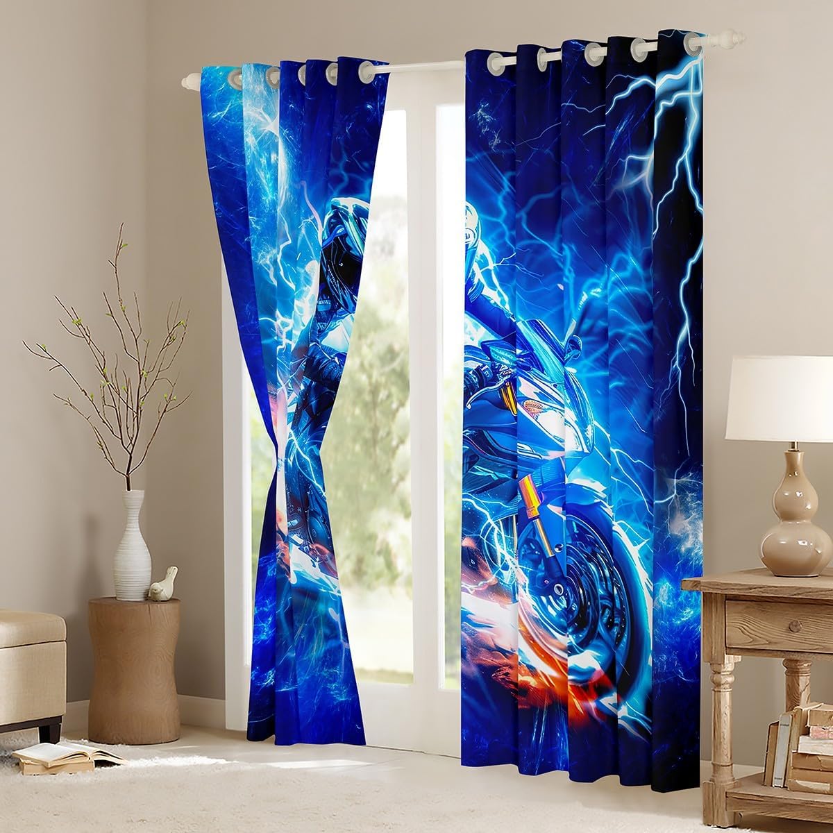Feelyou Motocross Rider Window Treatments Extreme Sports Window Drapes Modern Motorcycle Curtains for Kids Boys Girls Dirt Bike Motorbike Window Curtains Bright Room Decor (2 Panels， 52 x 63 Inch) image 3