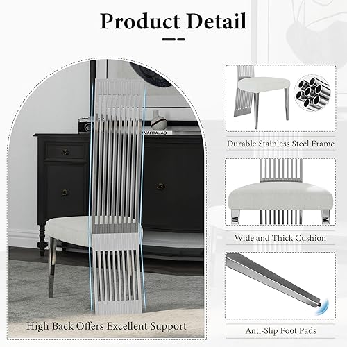 Miniatura 6 de Juego de 2 sillas de comedor blancas y plateadas, sillas de comedor tapizadas con respaldo alto con respaldo y patas de acero inoxidable espejado,