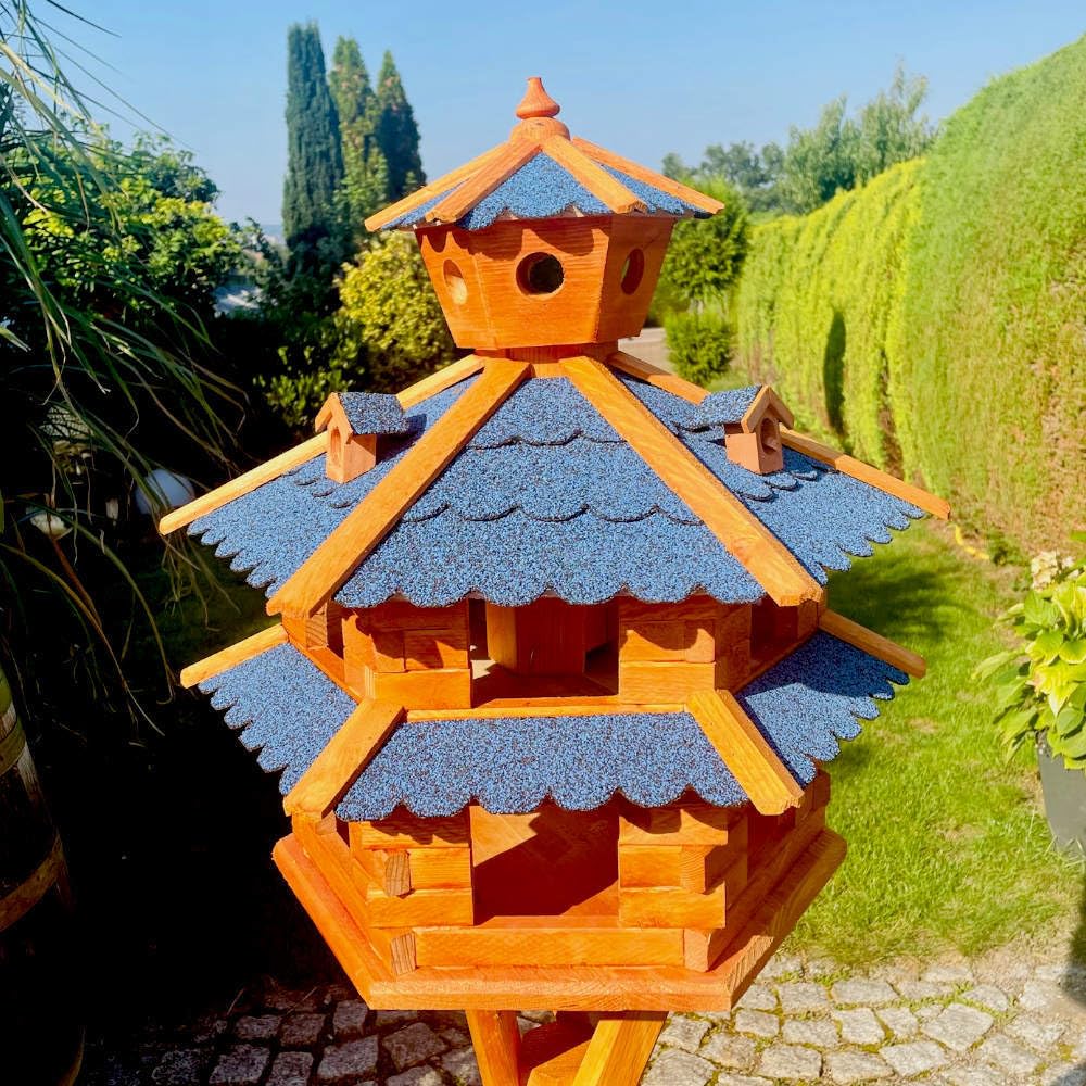Villa para pájaros resistente a la intemperie, de L a XXL, comedero, con o sin soporte, en color marrón con rojo, verde o azul, para jardín y balcón (tamaño XXL, sin soporte, azul – marrón)