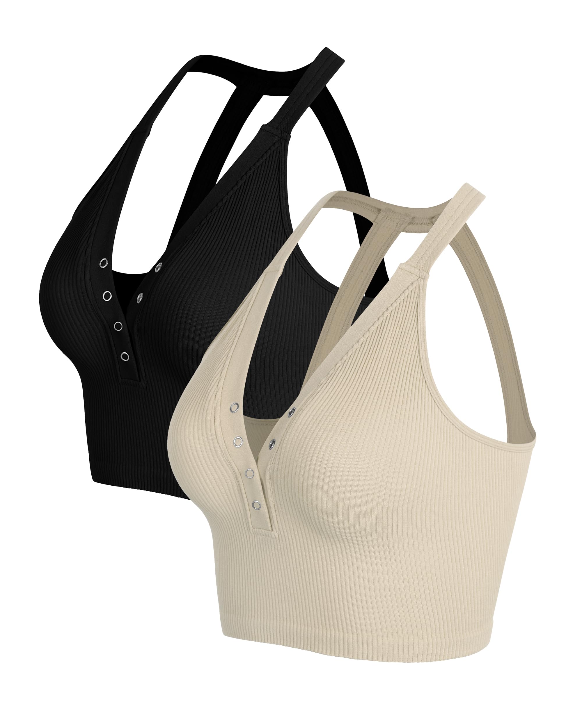 ODODOS2-Pack Seamless Henley Crop for Women Open Back Ribbed Tank Button-up Cropped Top