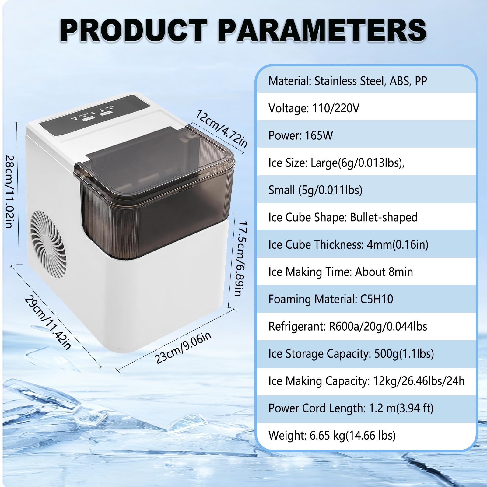 Fabricante de Hielo Portátil Doméstico para Encimera, Producción Diaria de 12,00 Kg, Incluye Cesta de Hielo Desmontable y Pala de Hielo para Bebidas en Hogar, Bar y Oficina