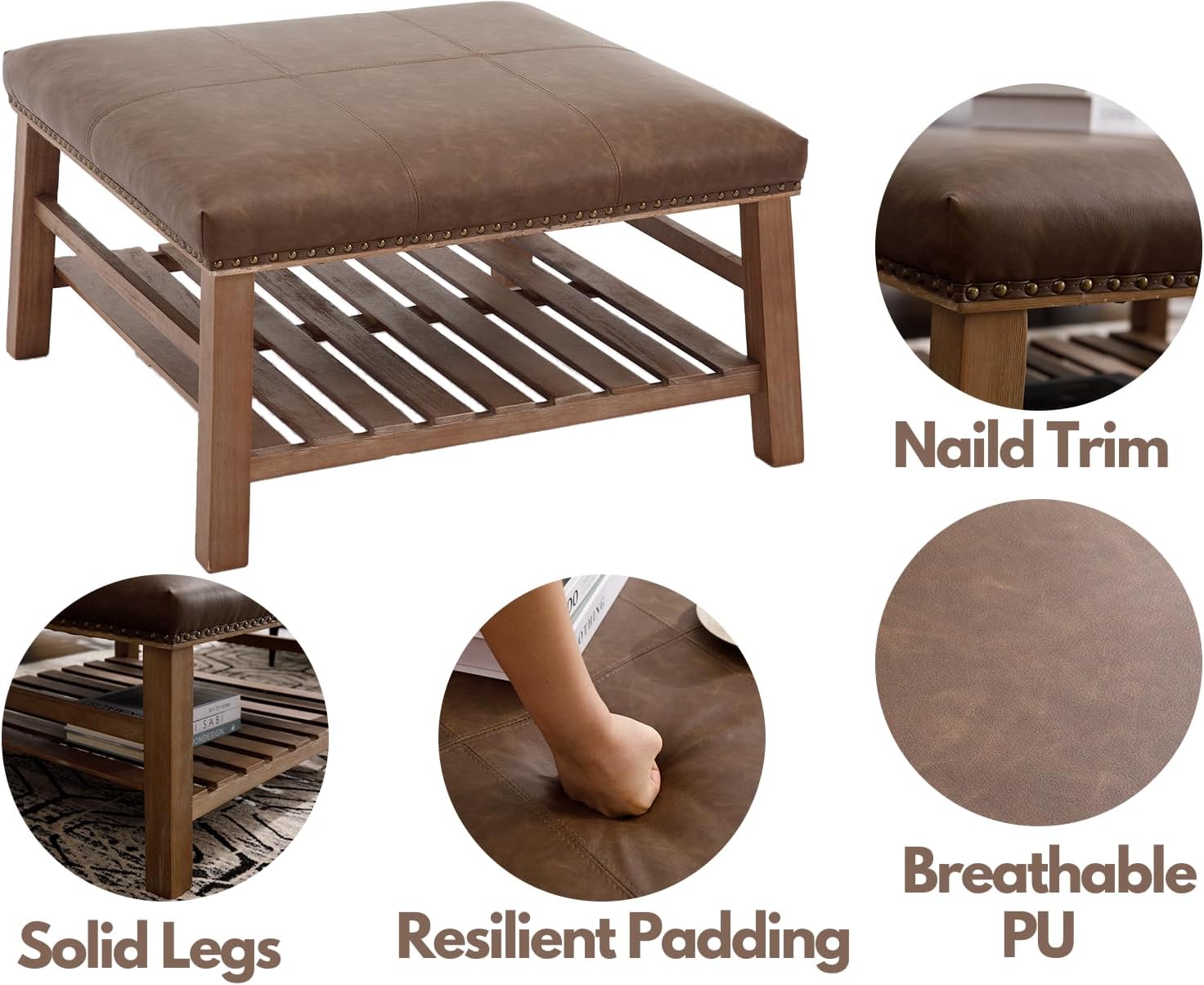 Kmax 32" Square Ottoman Coffee Table, Large Faux Leather Upholstered Living Room Table with Wooden Shelf Storage, Modern Center Table Tea Table Foot Stool, Brown PU