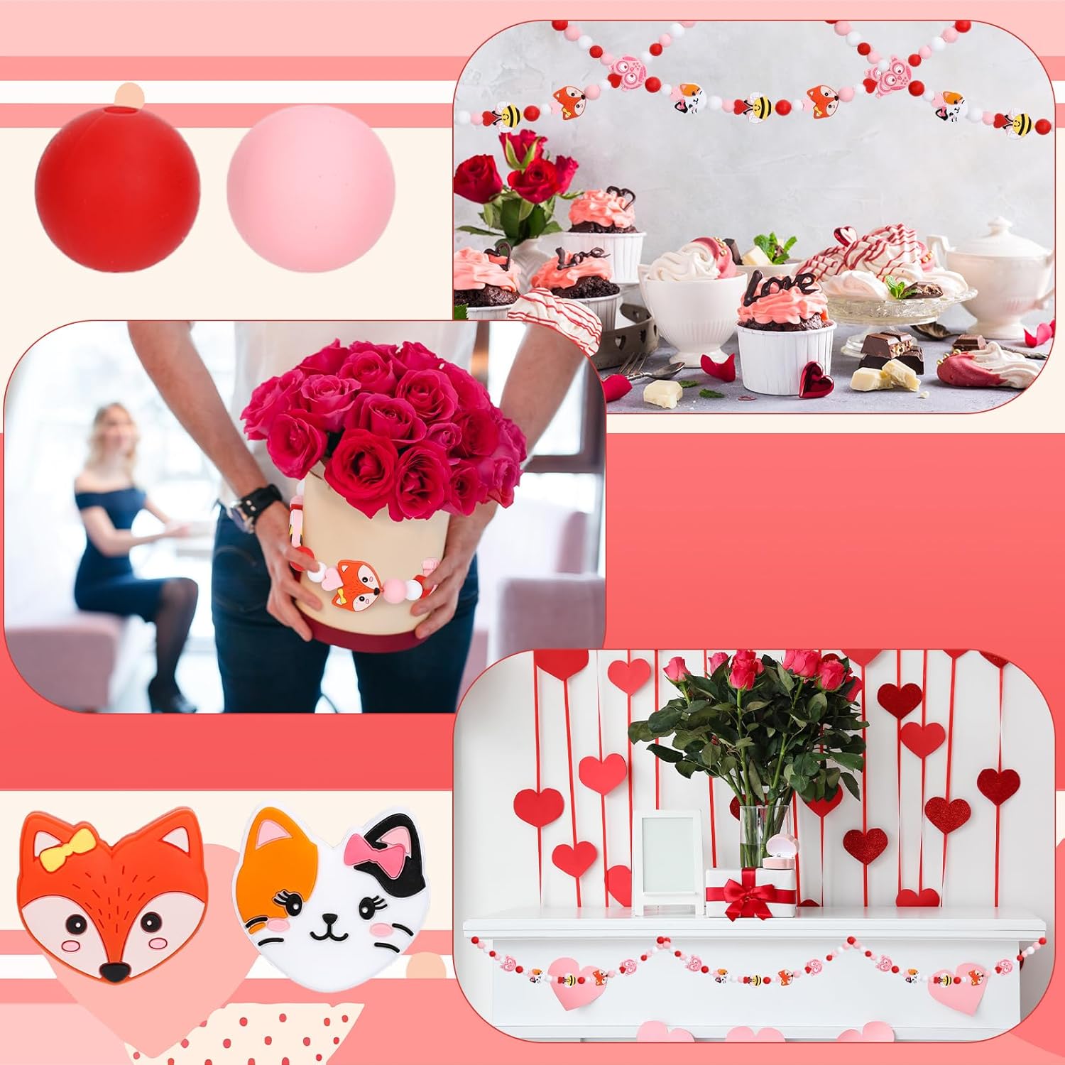 Silicone Beads for Valentine's Day Red Pink Round Heart Shaped Animal Rubber Loose Focal Beads with Elastic Rope for DIY Crafts Pens Keychain Jewelry Bracelet Lanyard Making Kit, 100 Pcs - Image 7