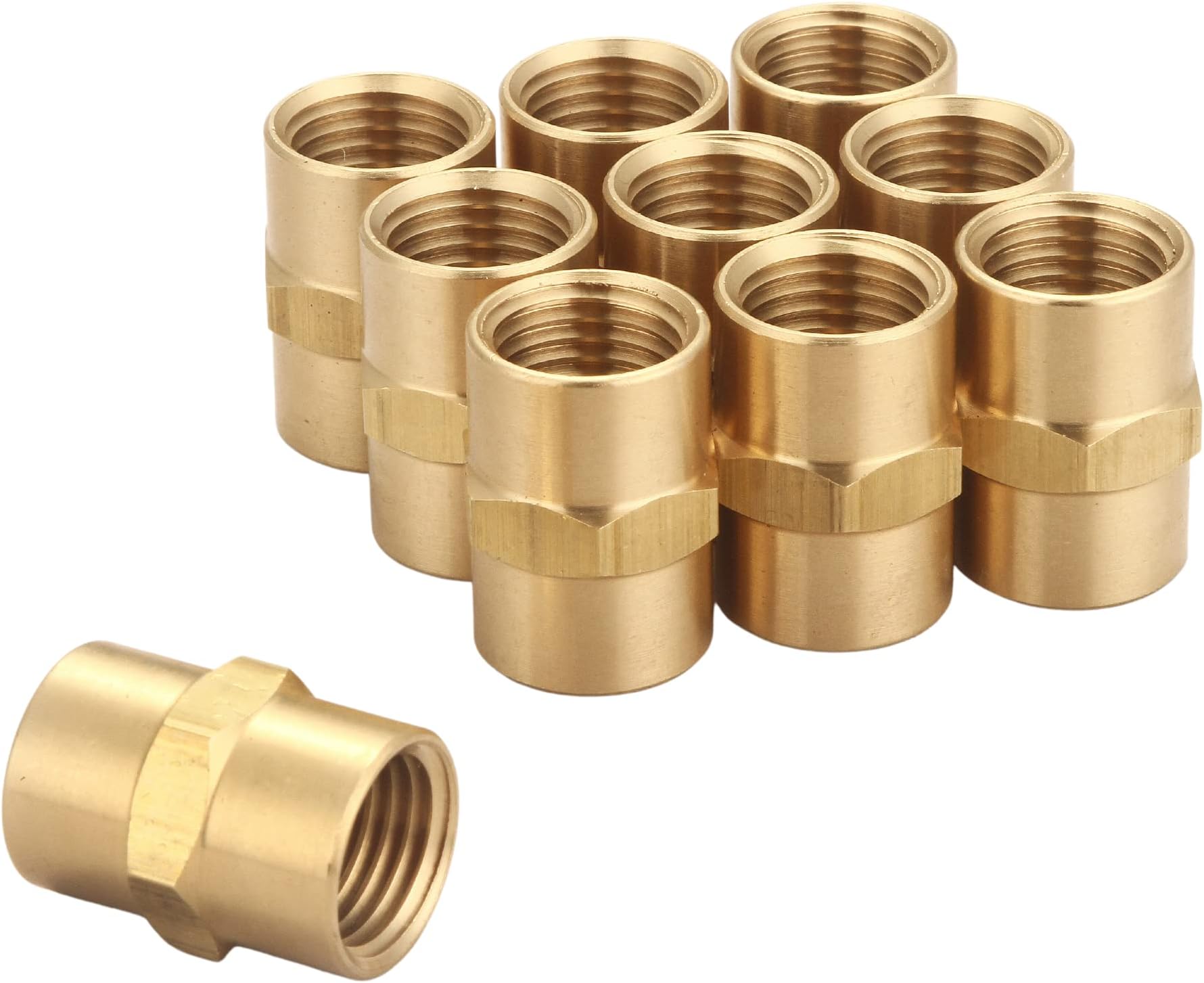 Brass Coupling 1/4 Inch NPT Female x 1/4 Inch NPT Female Hex Head Pipe Fitting, Pack of 10, Compressor connector 1/4 fnpt to 1/4 fnpt Coupler, Air Hose Adapter Brass Fittings