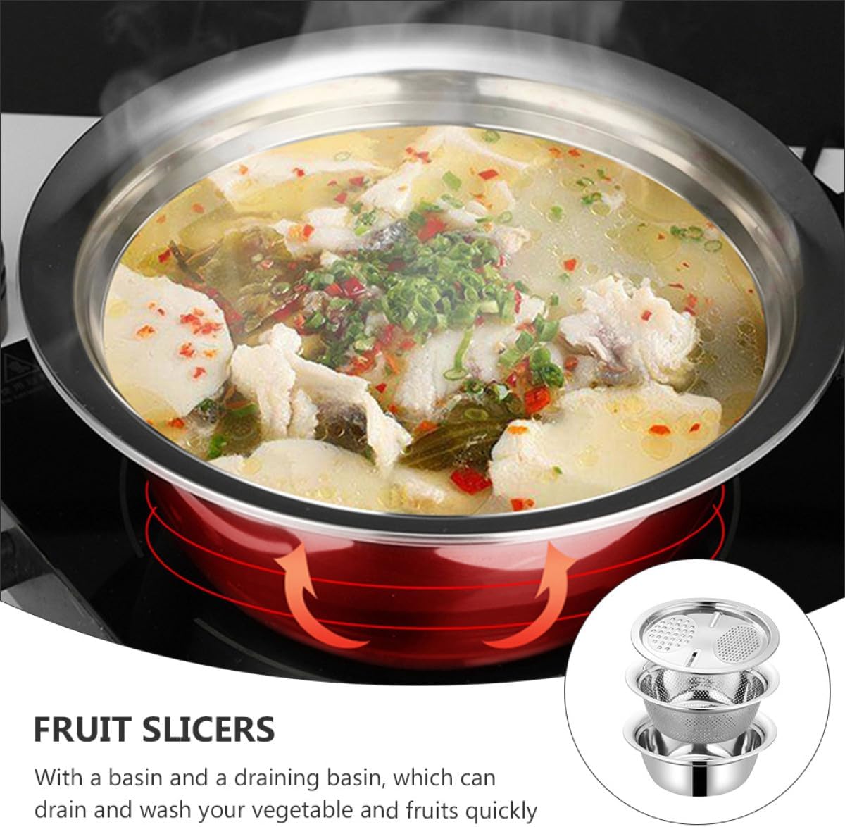 SUPVOX Multi-function Kitchen Vegetable Grater and Strainer Basin Set, 26cm Stainless Steel Shredding Bowl with Thick Sanded Edge, Multipurpose Slicer and Draining Tool for Food