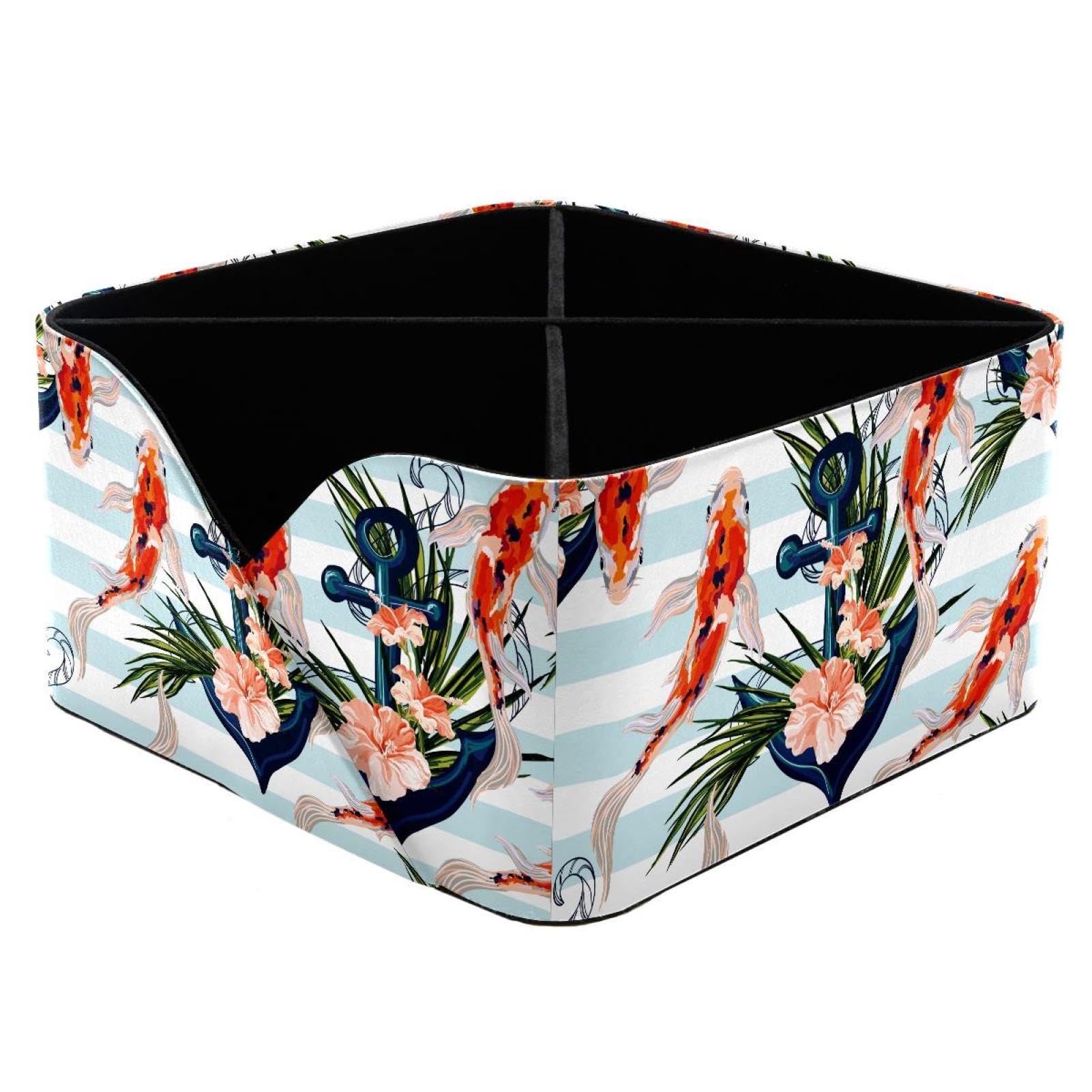 KengjuTesu Koi Fish Anchor Hibiscus Palm Leaves Stripes Desktop Organizer Pen Holder, Rectangular Pencil Cup for Office, Study and Makeup Stations