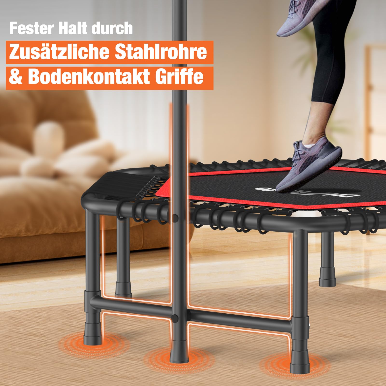 DH FitLife Fitness Trampolin in Studioqualität | Ø114cm 45 Zoll Mini Indoor Trampolin für Cross Jumping | bis 150kg belastbar | höhenverstellbarer Handgriff | Stabil & leise