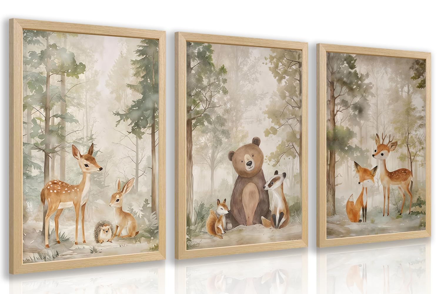 LLEEMPI Woodland Nursery Wall Decor Set of 3, Cute Forest Animal Wall Art, Bear Fox Deer Watercolor Canvas Prints, Vintage Nature Poster Prints for Kids Bedroom Bathroom Playroom Wood Framed 12x16 Inch