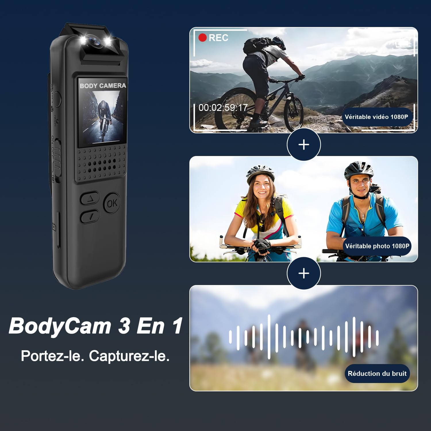 Bodycam, 1080P Full HD Action Cam con Scheda TF 64GB, Bodycam Polizia Professionale, Clip Magnetica e Supporto Bici, Archiviazione Loop, lunga durata della batteria, Telecamera Moto per Sport/Viaggi