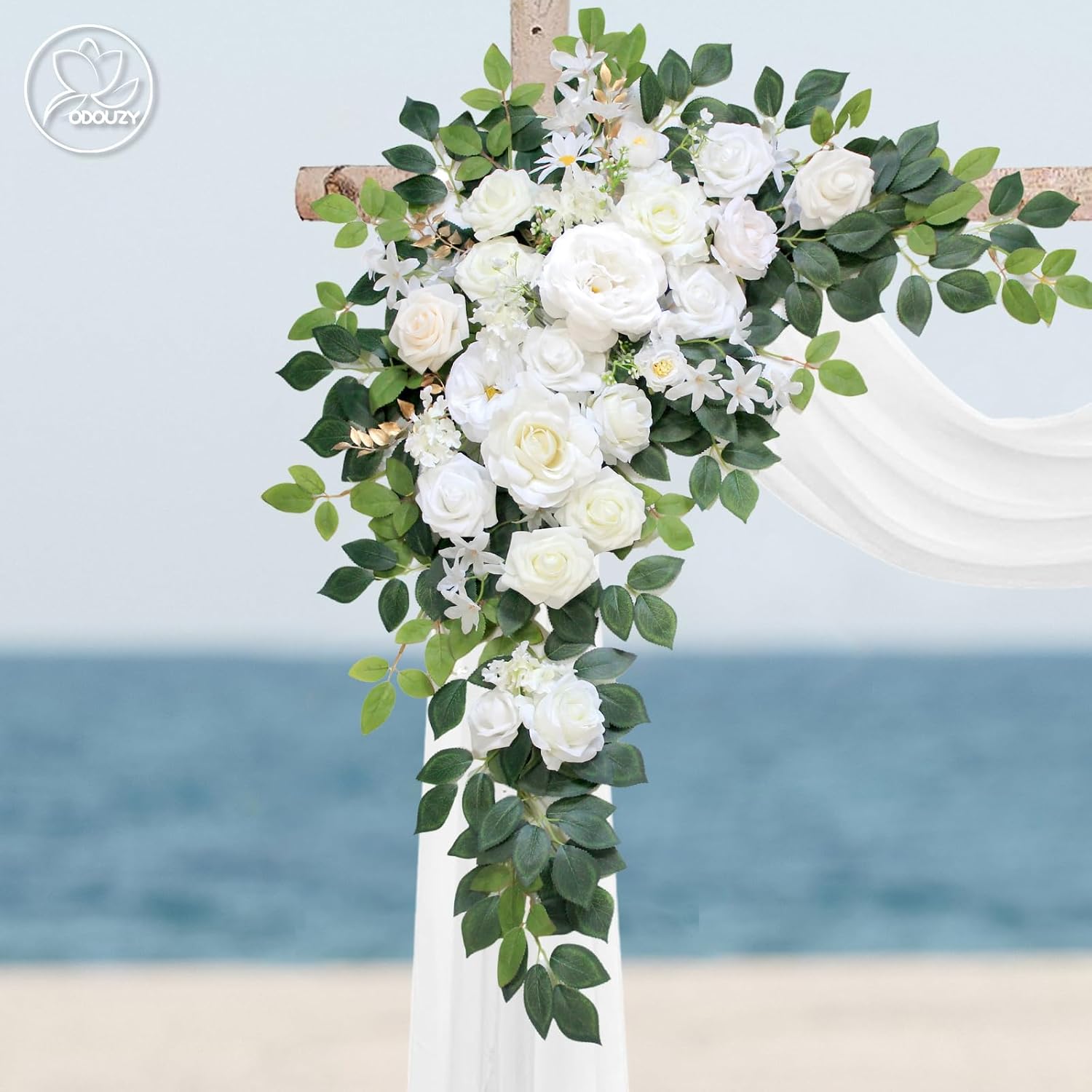 Odouzy Wedding Arch Flowers Kit,Artificial Flower Arch Decor (Set of 3),2pcs Artificial Flower Arrangement with 1pc Sheer Drape for Wedding Decor Reception Backdrop Floral Decorations (Ivory White)