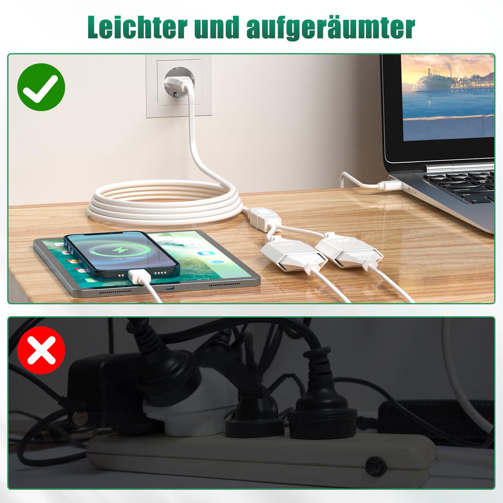 Stromkabel Verlängerung mit Flachstecker, 10M Stromkabel Verlängerung Netzkabel,2 in 1 Typ-C Eurostecker auf Eurobuchse, 0.75mm²Max. 2,5A/250V für Zuhause, TV, Weiß