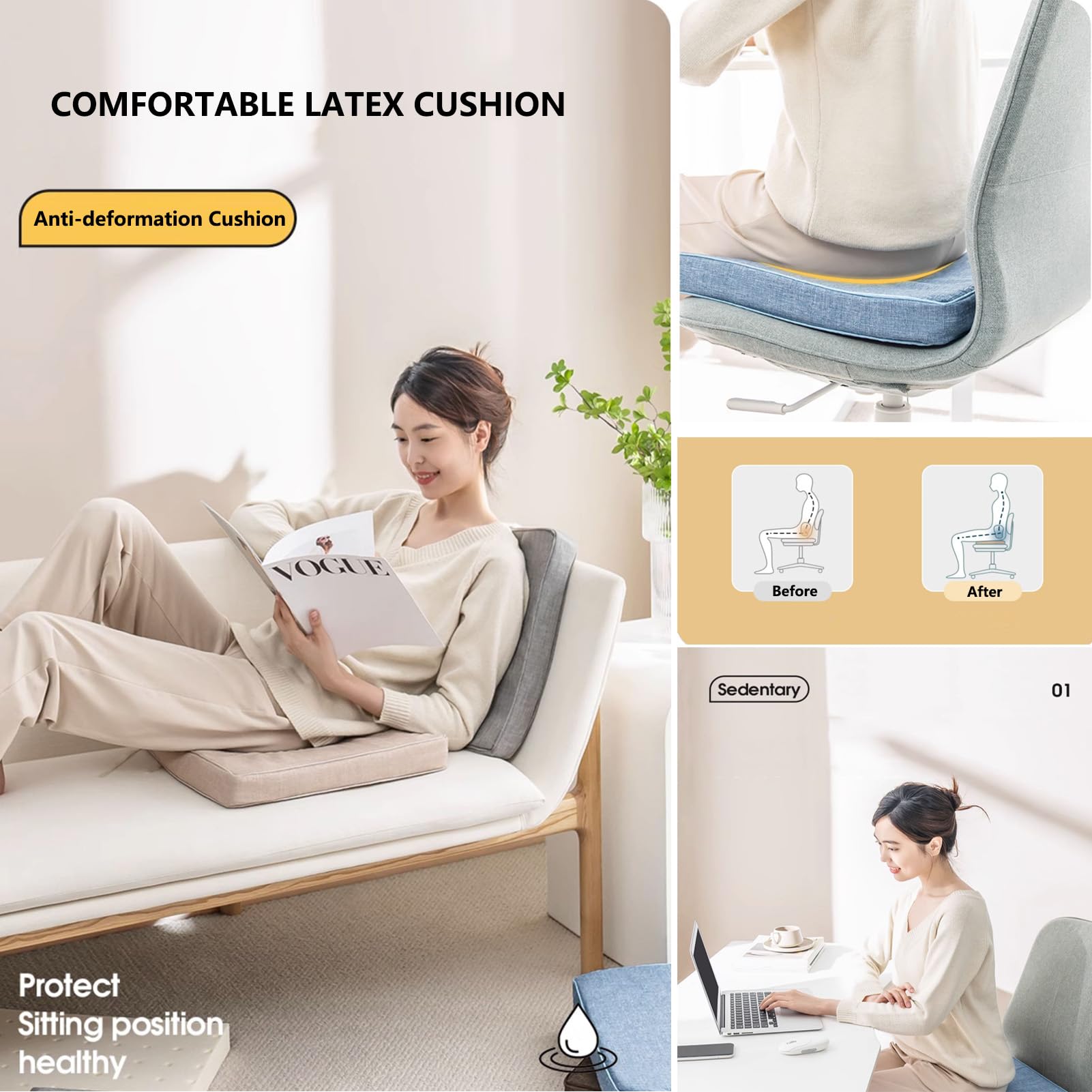Cojín de gel para el dolor de cadera, antideformación, de látex, acolchado para silla de ordenador, asiento de coche, silla de ruedas, tatami, todas las estaciones, cojín de silla 100% látex