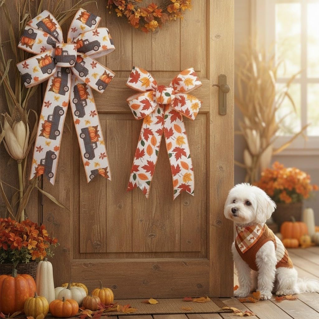 2 Rolls 10 Yards Fall Ribbon for Crafts Gift Wrapping Wreath Bows Autumn Leaves Truck Orange Burlap Wired Ribbons for Thanksgiving, Christmas, Party, Home, Festival, Decoration Supplies 2.5‘’ image 4
