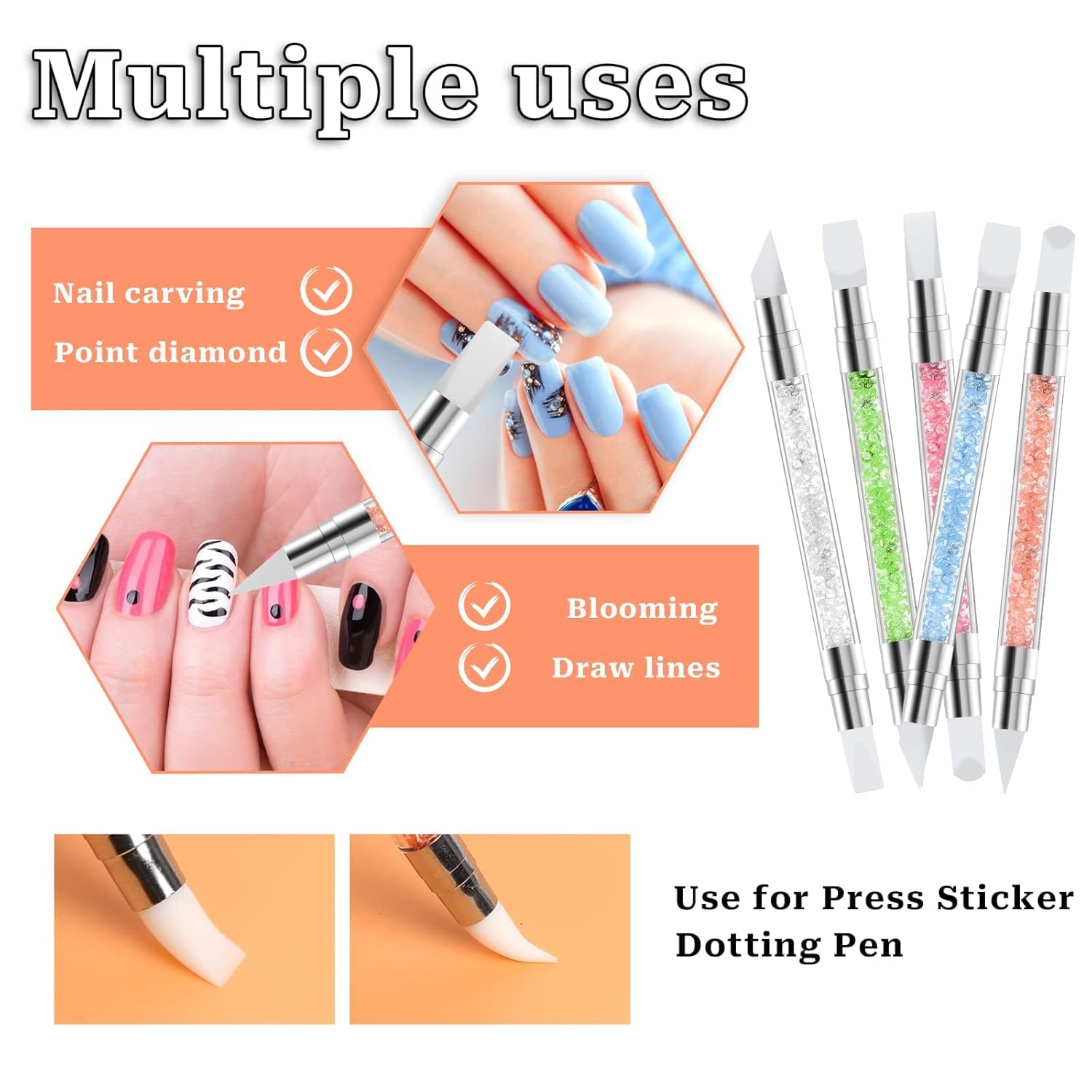 5 Pcs Dual Nail Tools Nail Art Sculpture Pen,Silicone Head Acrylic Handle Nail Art Brushes,Nail Art Tools for Home Salon 4