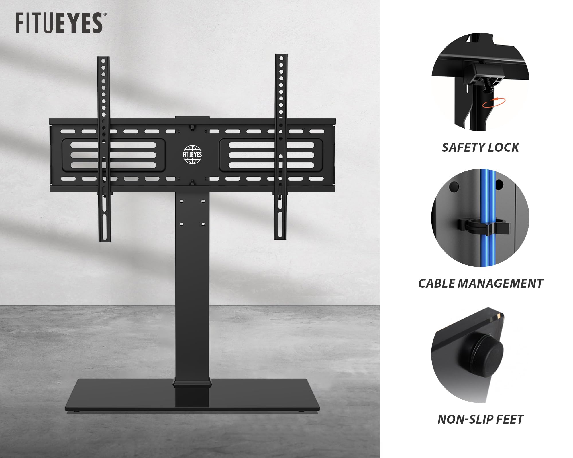 FITUEYES Soporte TV Mesa para Pantallas de 40 a 75 Pulgadas hasta 40kg,Soporte TV Pie de Mesa con Función de Altura Ajustable,Soporte TV de Pie Negro con Base de Cristal,MAX VESA 600x400mm
