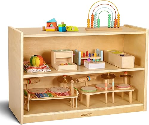 wingyz Gabinete de almacenamiento de madera, organizador de almacenamiento de juguetes para niños de 2 niveles, espaciosa estantería Montessori para