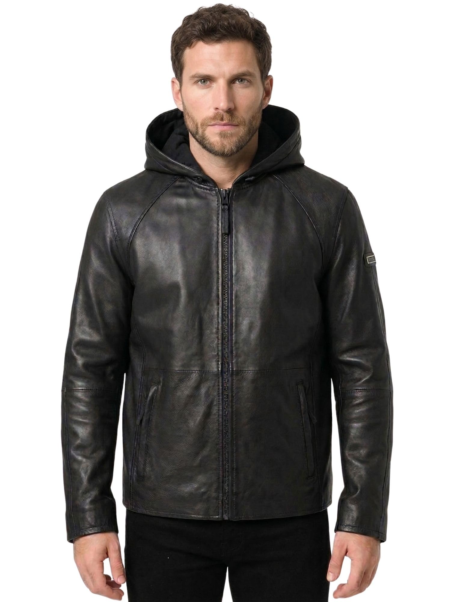 Tazzio Herren Lederjacke Regular Fit - mit Kapuze, Reißverschluss, Teilungsnähte, A805